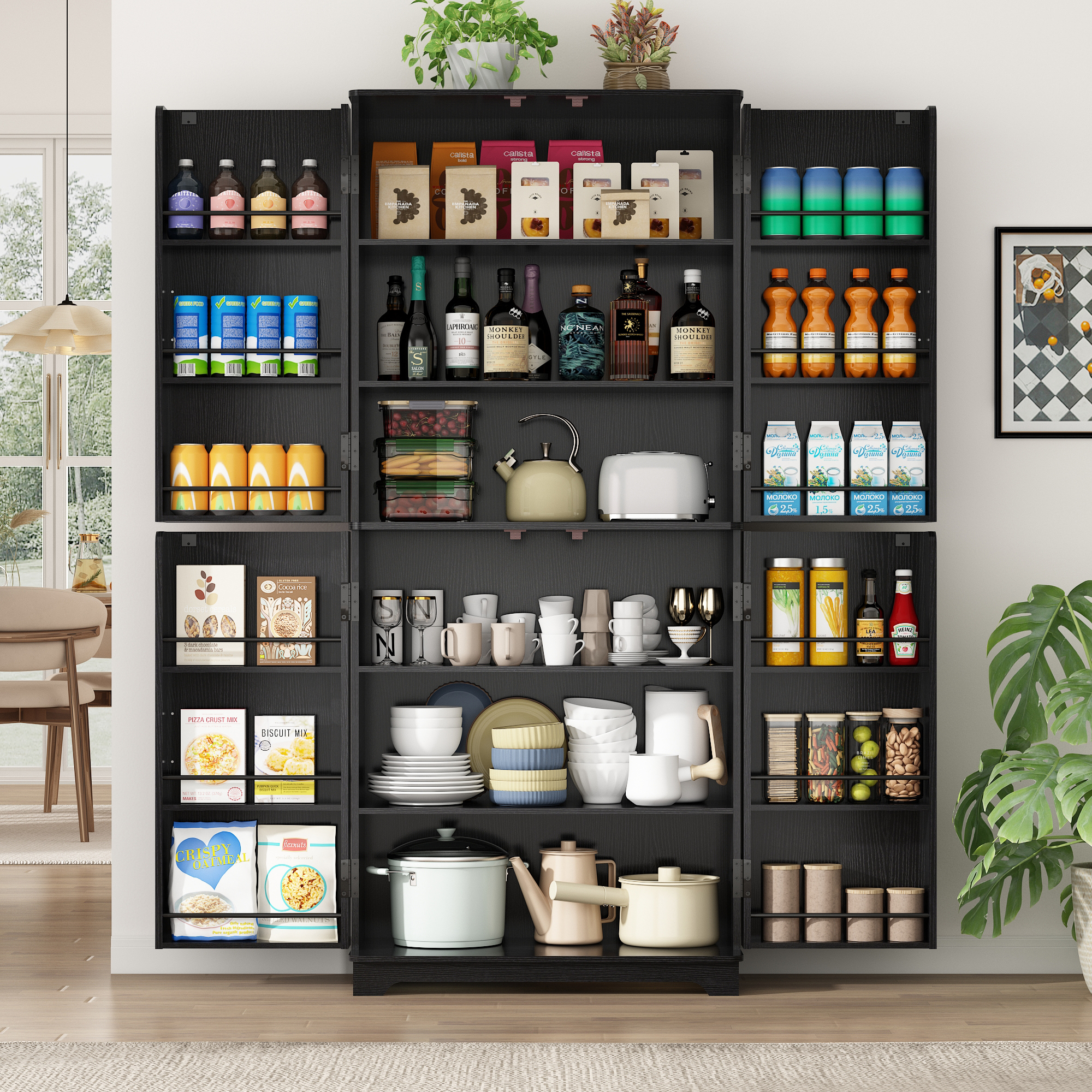 ChVans Curved Edge Kitchen Pantry Cabinets,72" Tall Pantry Storage Cabinet with 12 Side Shelves,Wooden Food Cabinet Pantry Cupboard Freestanding Pantry for Large Dinning or Living Room