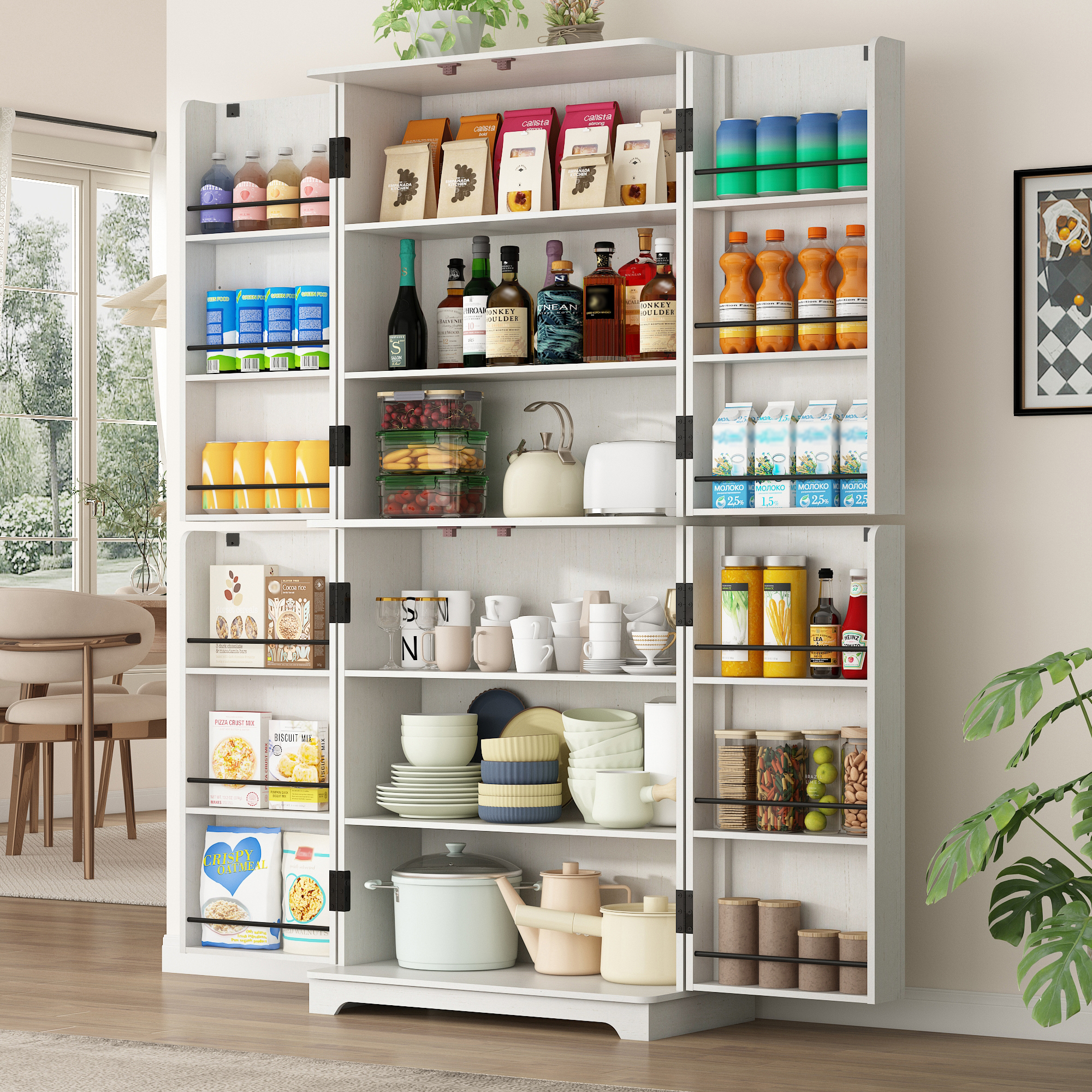 ChVans Curved Edge Kitchen Pantry Cabinets,72" Tall Pantry Storage Cabinet with 12 Side Shelves,Wooden Food Cabinet Pantry Cupboard Freestanding Pantry for Large Dinning or Living Room