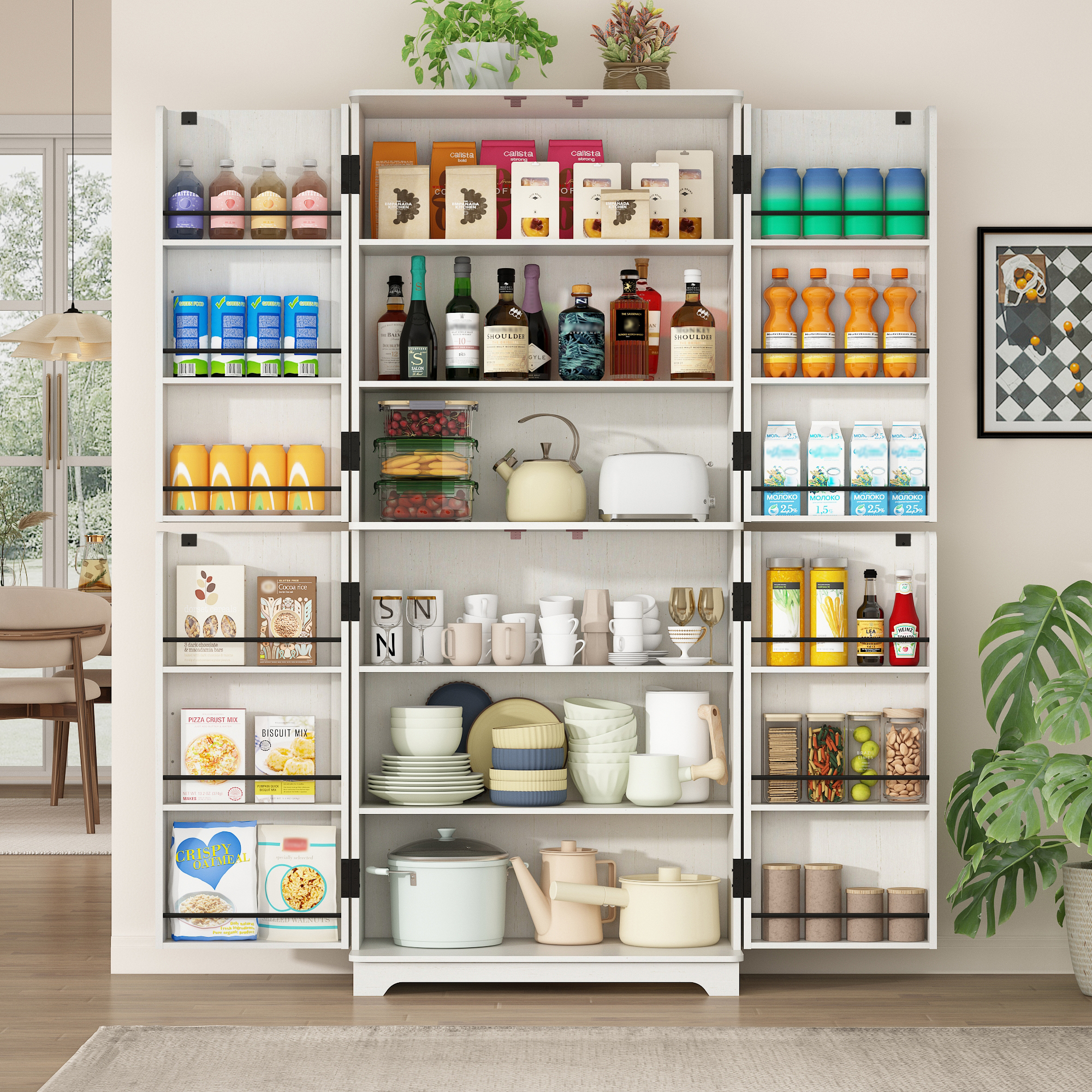 ChVans Curved Edge Kitchen Pantry Cabinets,72" Tall Pantry Storage Cabinet with 12 Side Shelves,Wooden Food Cabinet Pantry Cupboard Freestanding Pantry for Large Dinning or Living Room