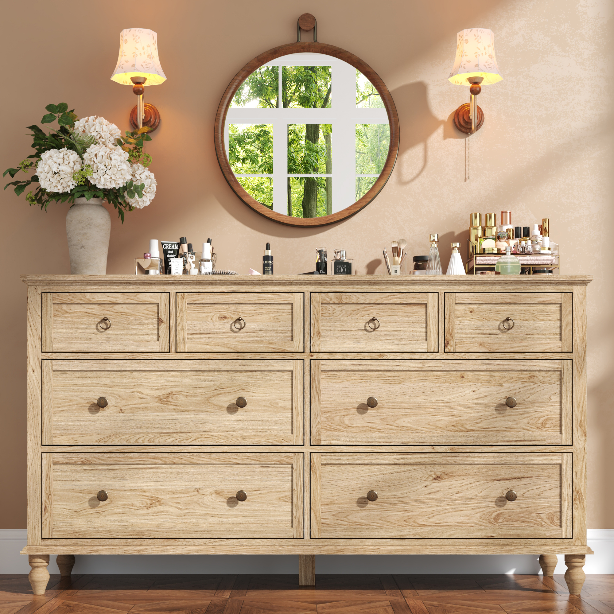 ChVans 8 Drawer Dresser for Bedroom, Modern Farmhouse Wood Wide Chest of Drawers, Storage Dressers for Bedroom, Living Room & Hallway