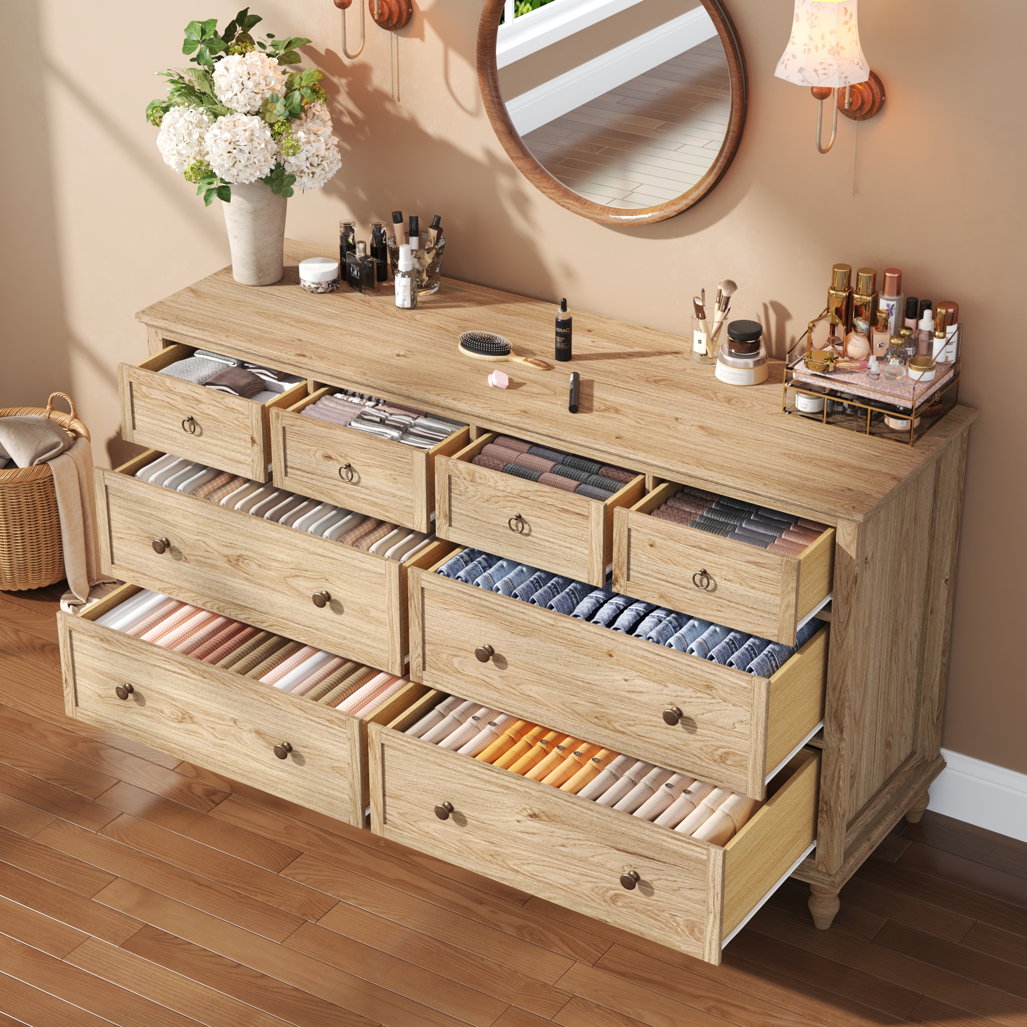 ChVans 8 Drawer Dresser for Bedroom, Modern Farmhouse Wood Wide Chest of Drawers, Storage Dressers for Bedroom, Living Room & Hallway