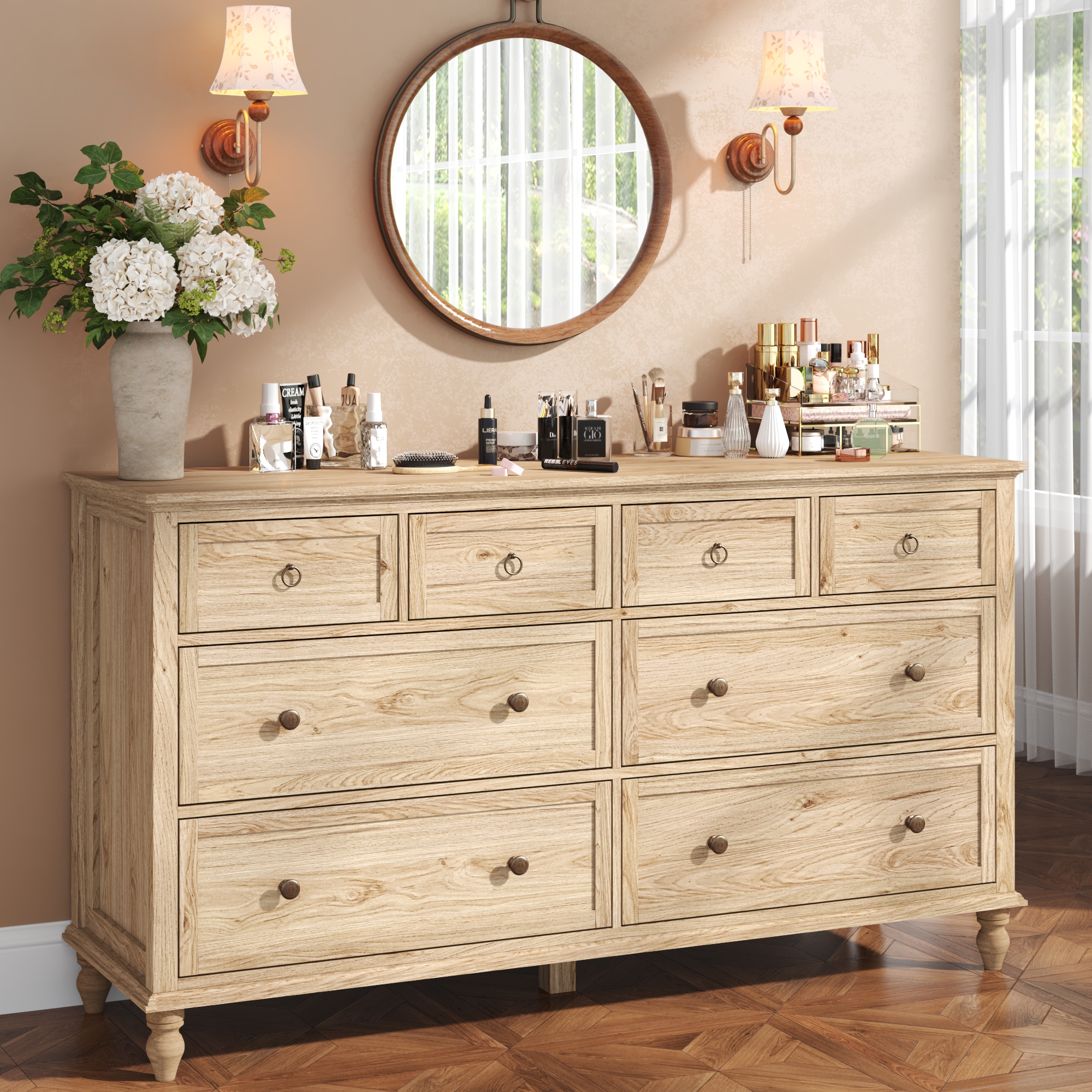 ChVans 8 Drawer Dresser for Bedroom, Modern Farmhouse Wood Wide Chest of Drawers, Storage Dressers for Bedroom, Living Room & Hallway