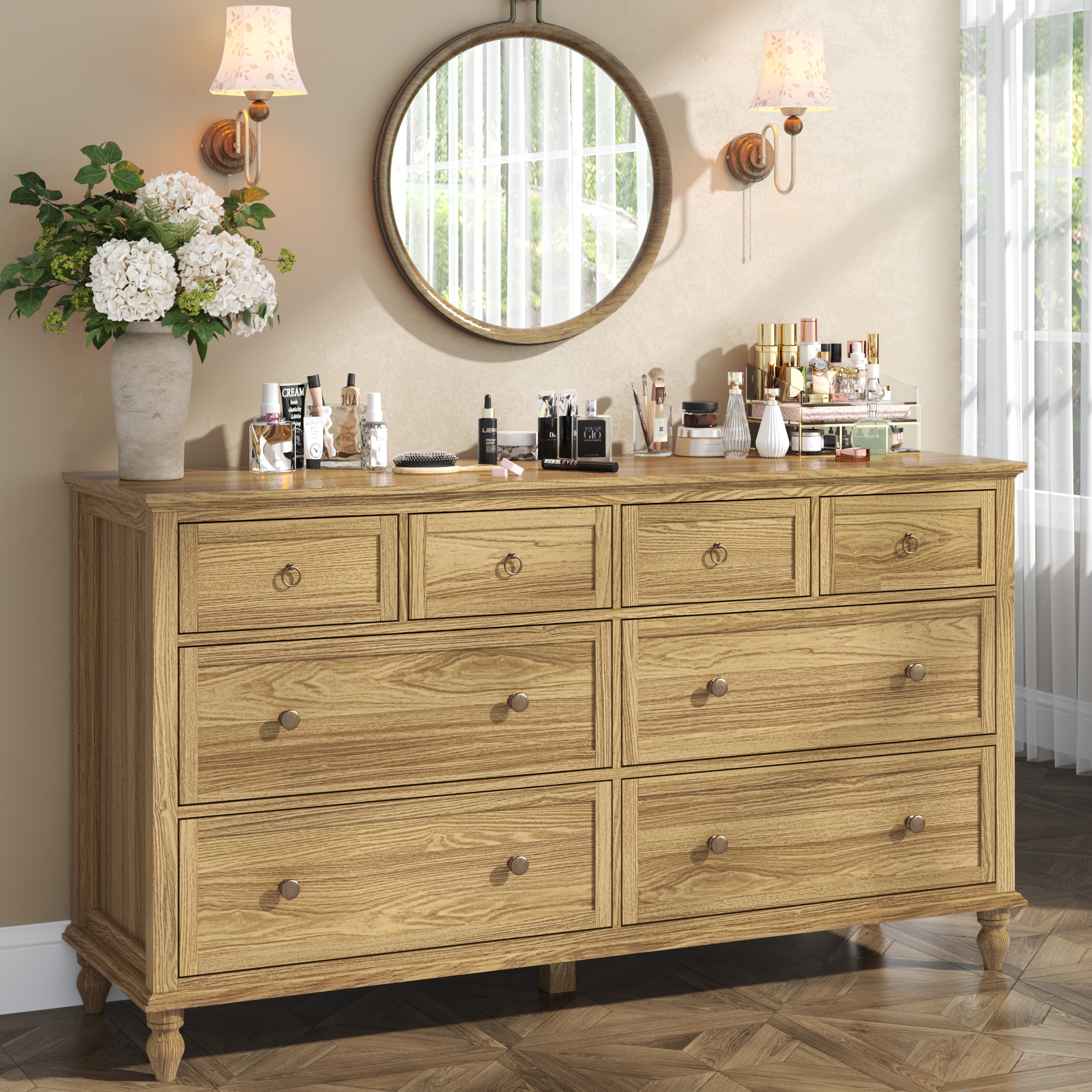 ChVans 8 Drawer Dresser for Bedroom, Modern Farmhouse Wood Wide Chest of Drawers, Storage Dressers for Bedroom, Living Room & Hallway