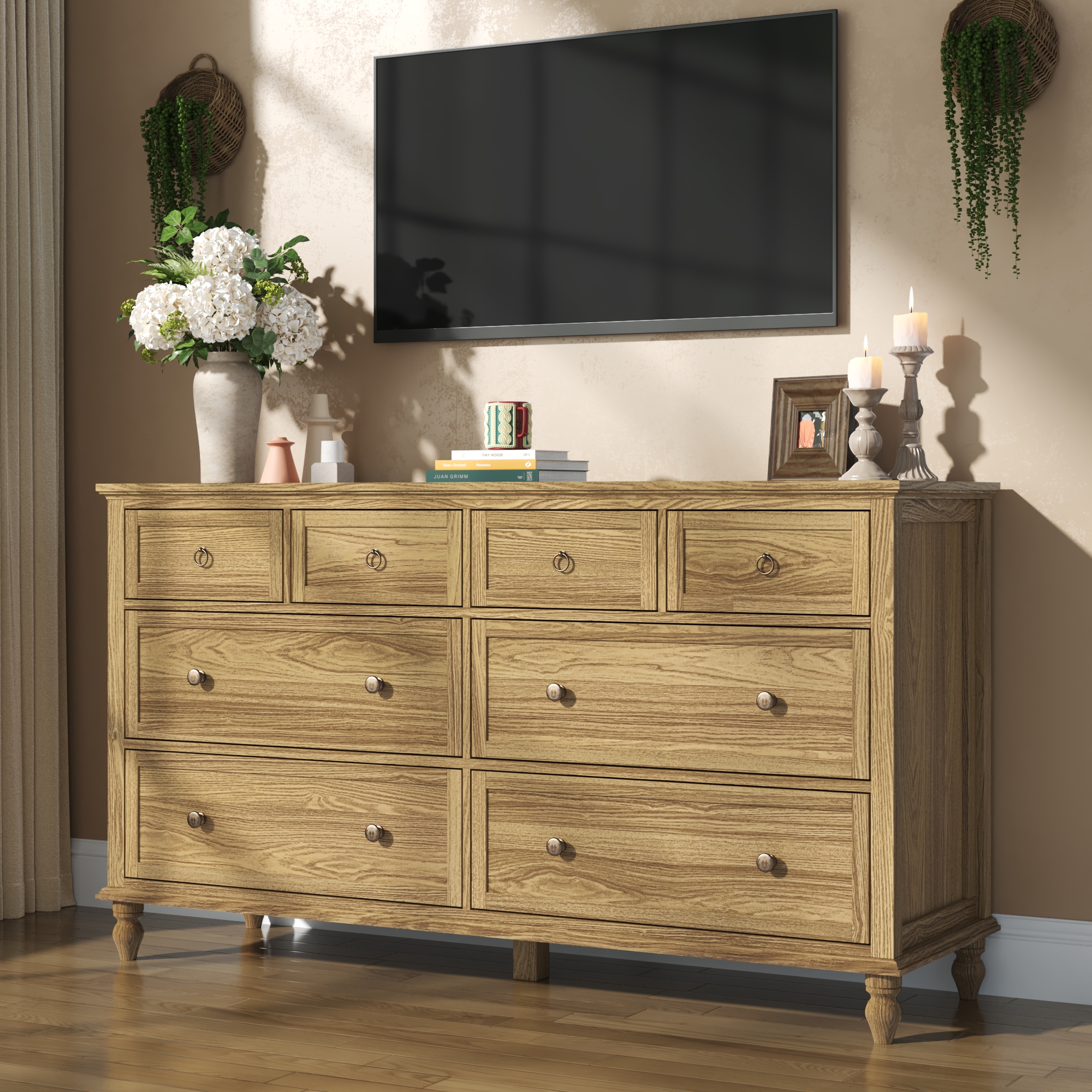 ChVans 8 Drawer Dresser for Bedroom, Modern Farmhouse Wood Wide Chest of Drawers, Storage Dressers for Bedroom, Living Room & Hallway