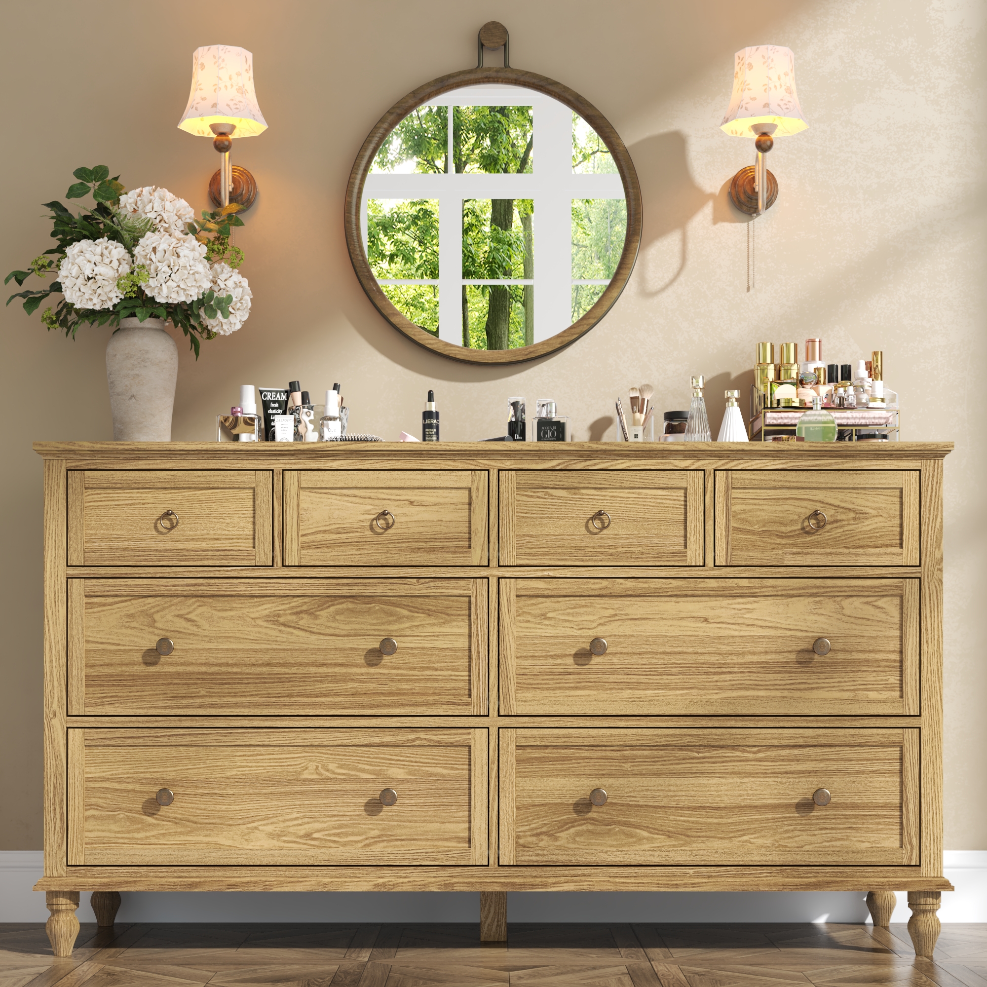 ChVans 8 Drawer Dresser for Bedroom, Modern Farmhouse Wood Wide Chest of Drawers, Storage Dressers for Bedroom, Living Room & Hallway