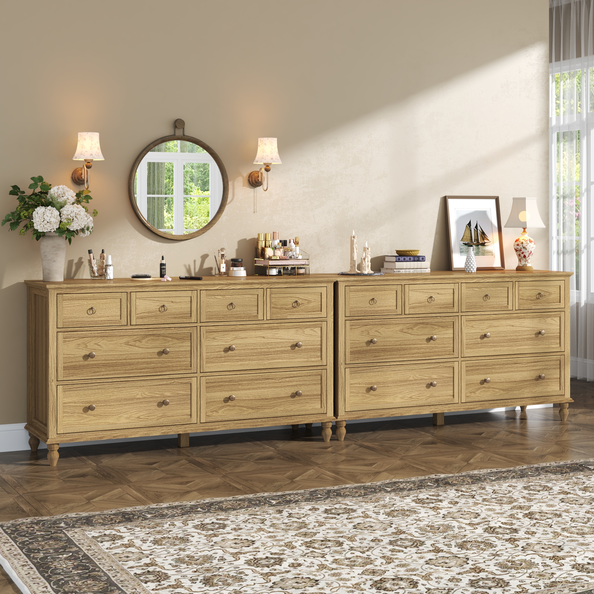 ChVans 8 Drawer Dresser for Bedroom, Modern Farmhouse Wood Wide Chest of Drawers, Storage Dressers for Bedroom, Living Room & Hallway