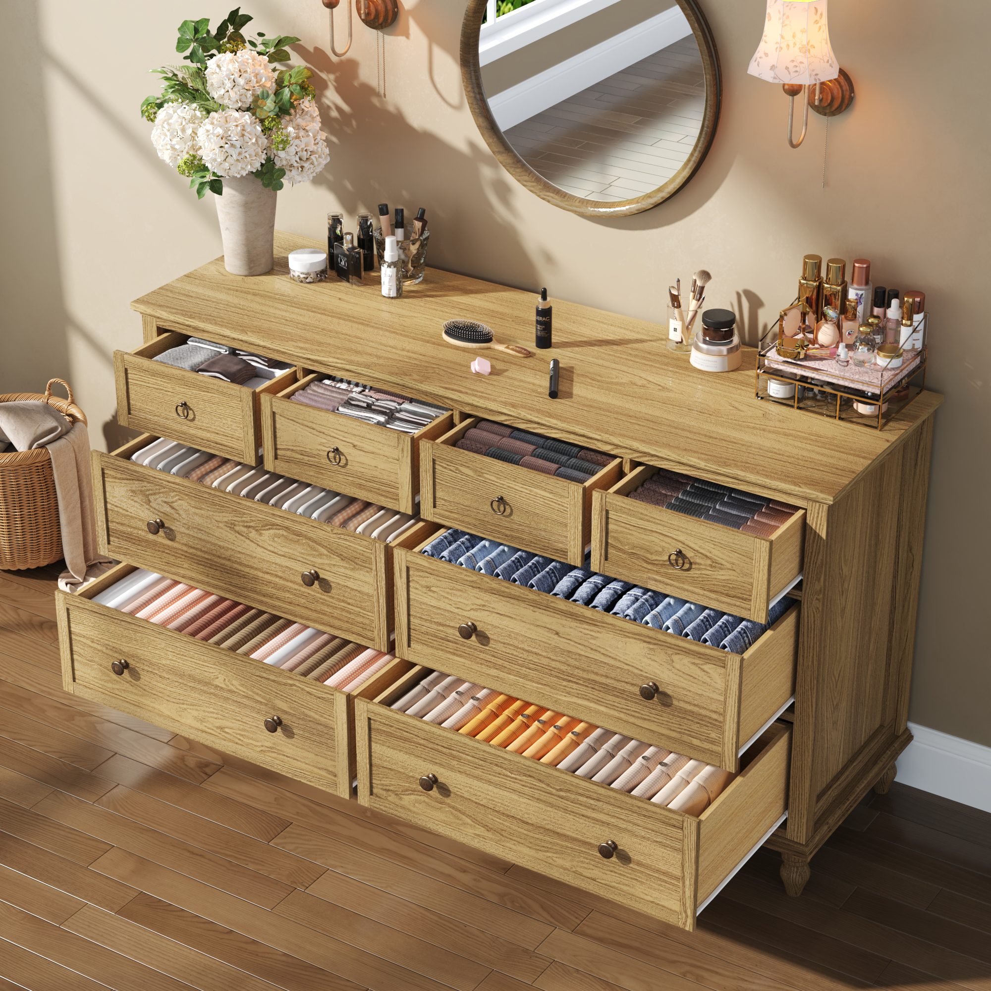 ChVans 8 Drawer Dresser for Bedroom, Modern Farmhouse Wood Wide Chest of Drawers, Storage Dressers for Bedroom, Living Room & Hallway