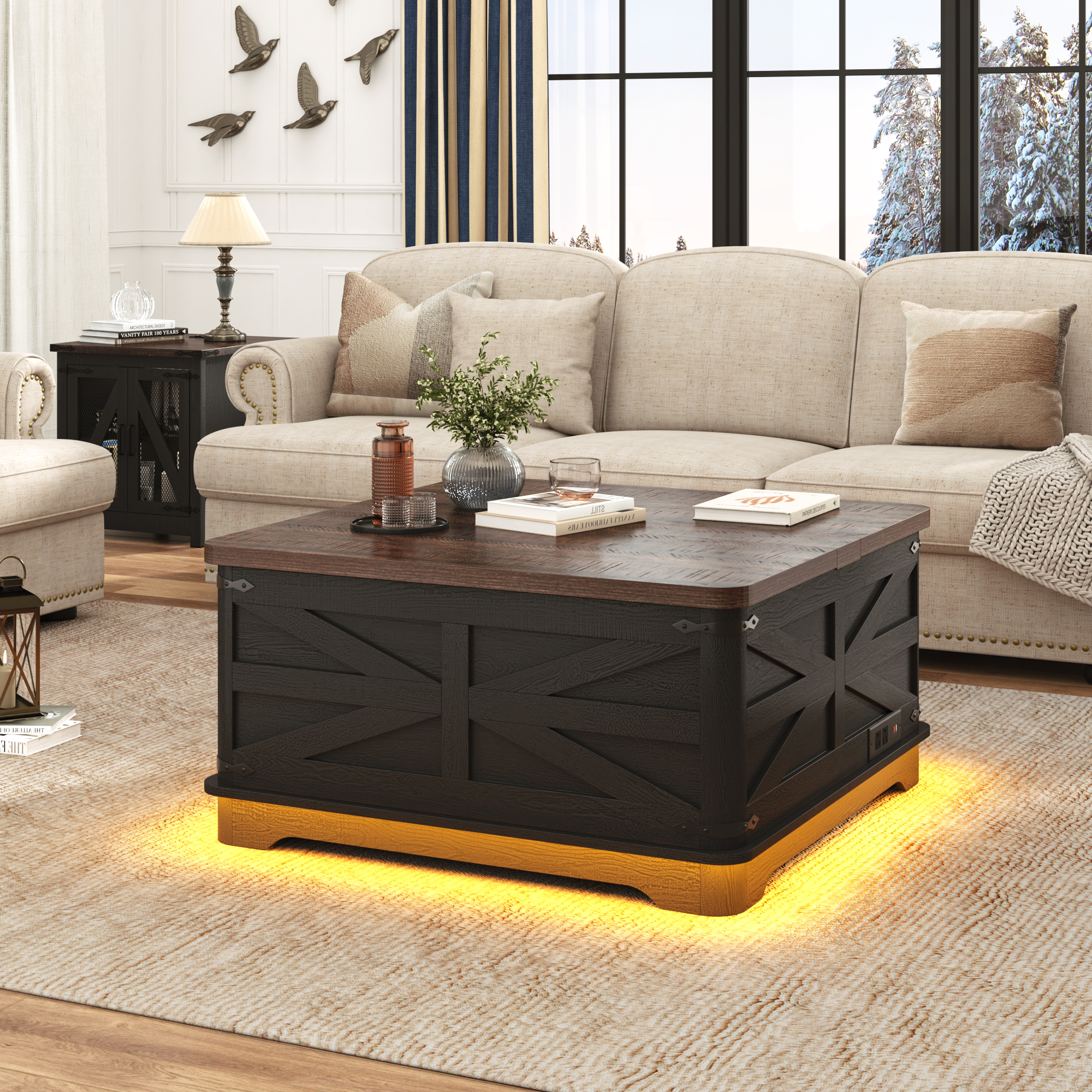 Farmhouse Lift Top Coffee Table with LED Light and Power Outlets, 36" Square Wood Living Room Storage Tables with Large Hidden Space, Lift Wooden Barn Door Center Table