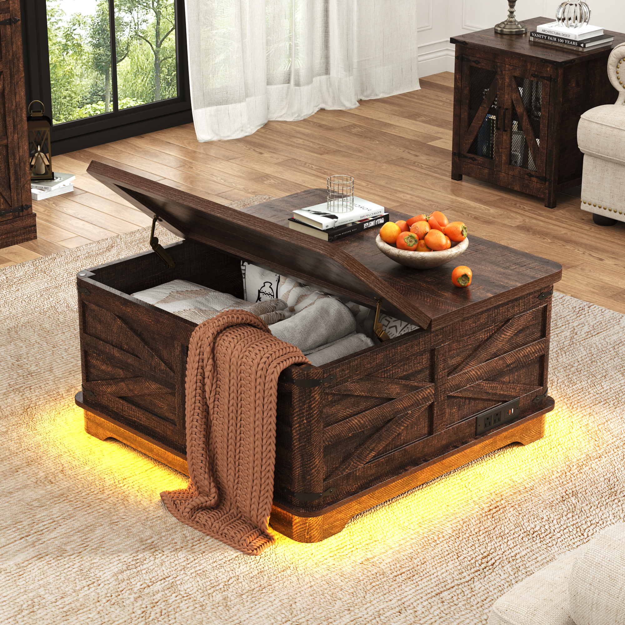 Farmhouse Lift Top Coffee Table with LED Light and Power Outlets, 36" Square Wood Living Room Storage Tables with Large Hidden Space, Lift Wooden Barn Door Center Table