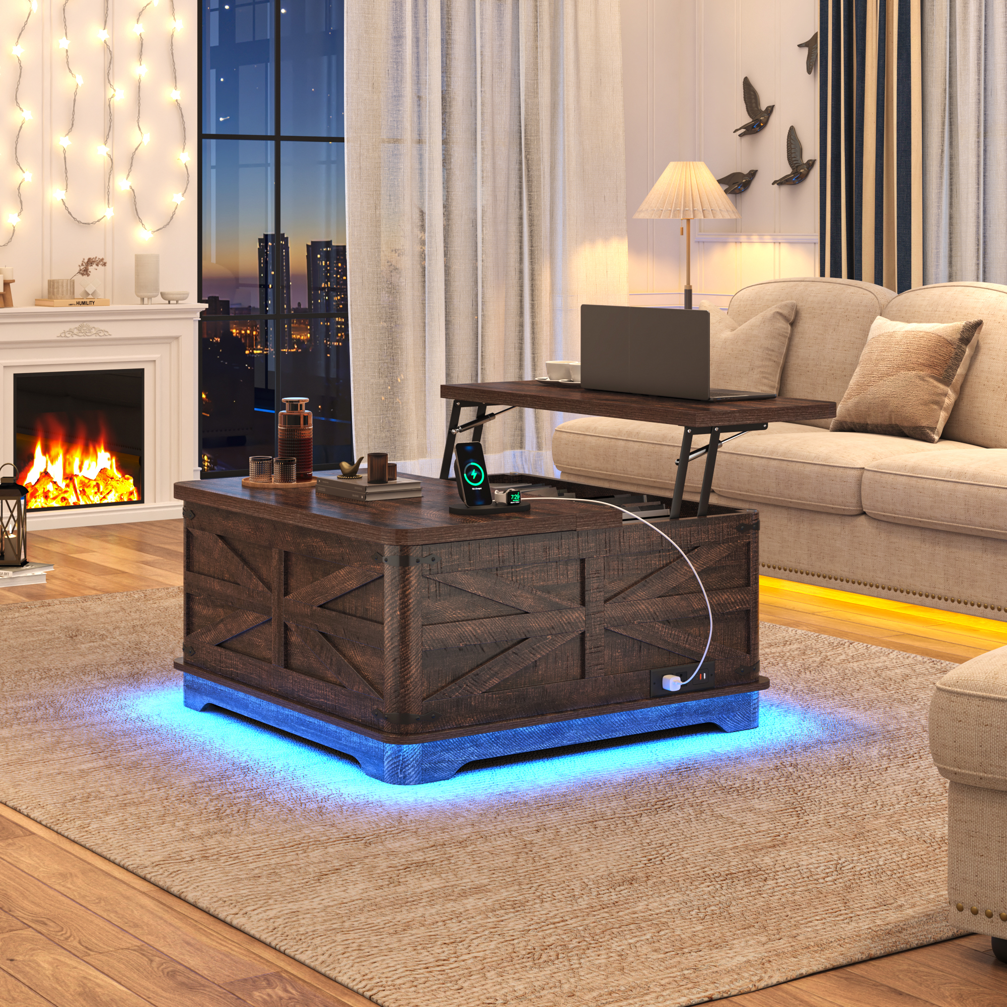 Farmhouse Lift Top Coffee Table with LED Light and Power Outlets, 36" Square Wood Living Room Storage Tables with Large Hidden Space, Lift Wooden Barn Door Center Table