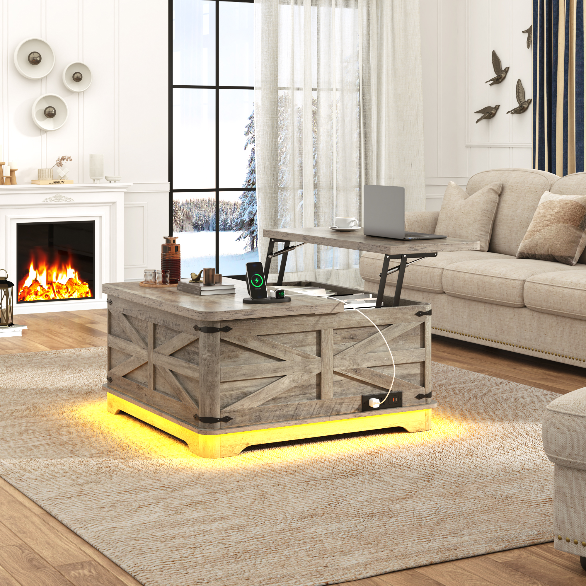 Farmhouse Lift Top Coffee Table with LED Light and Power Outlets, 36" Square Wood Living Room Storage Tables with Large Hidden Space, Lift Wooden Barn Door Center Table