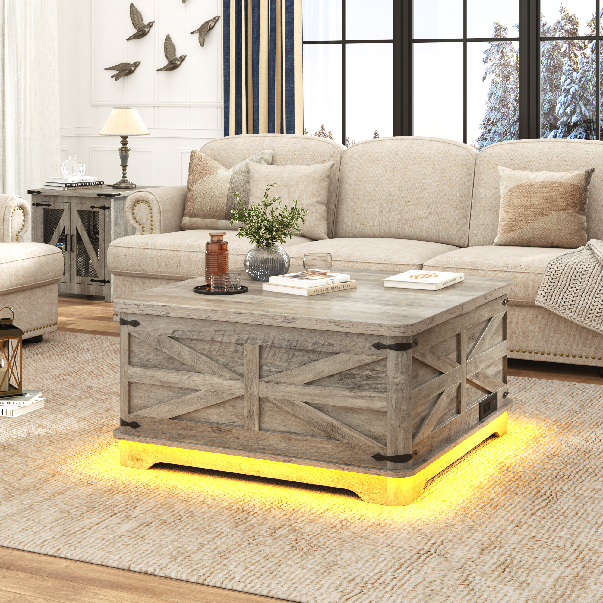 Farmhouse Lift Top Coffee Table with LED Light and Power Outlets, 36" Square Wood Living Room Storage Tables with Large Hidden Space, Lift Wooden Barn Door Center Table