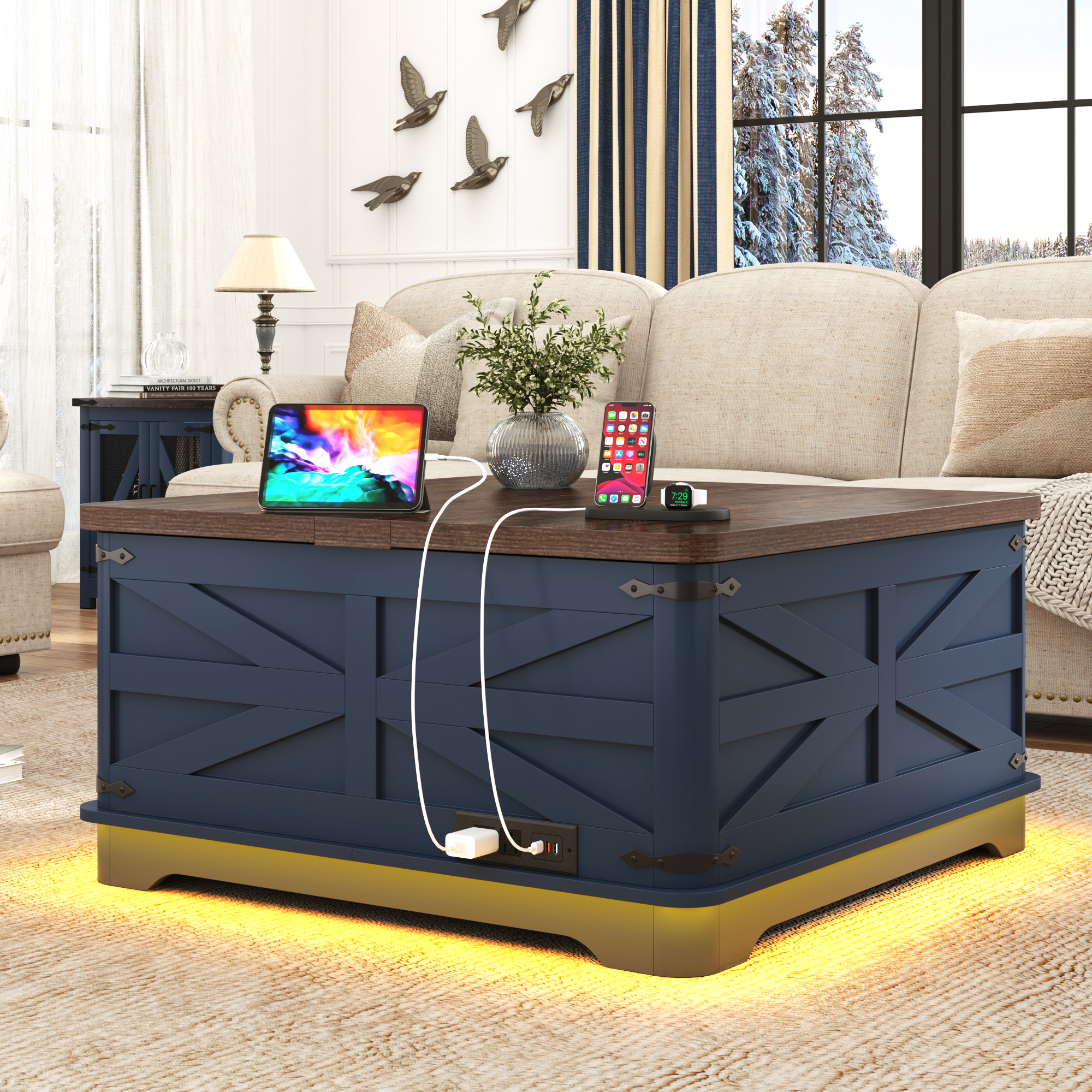 Farmhouse Lift Top Coffee Table with LED Light and Power Outlets, 36" Square Wood Living Room Storage Tables with Large Hidden Space, Lift Wooden Barn Door Center Table