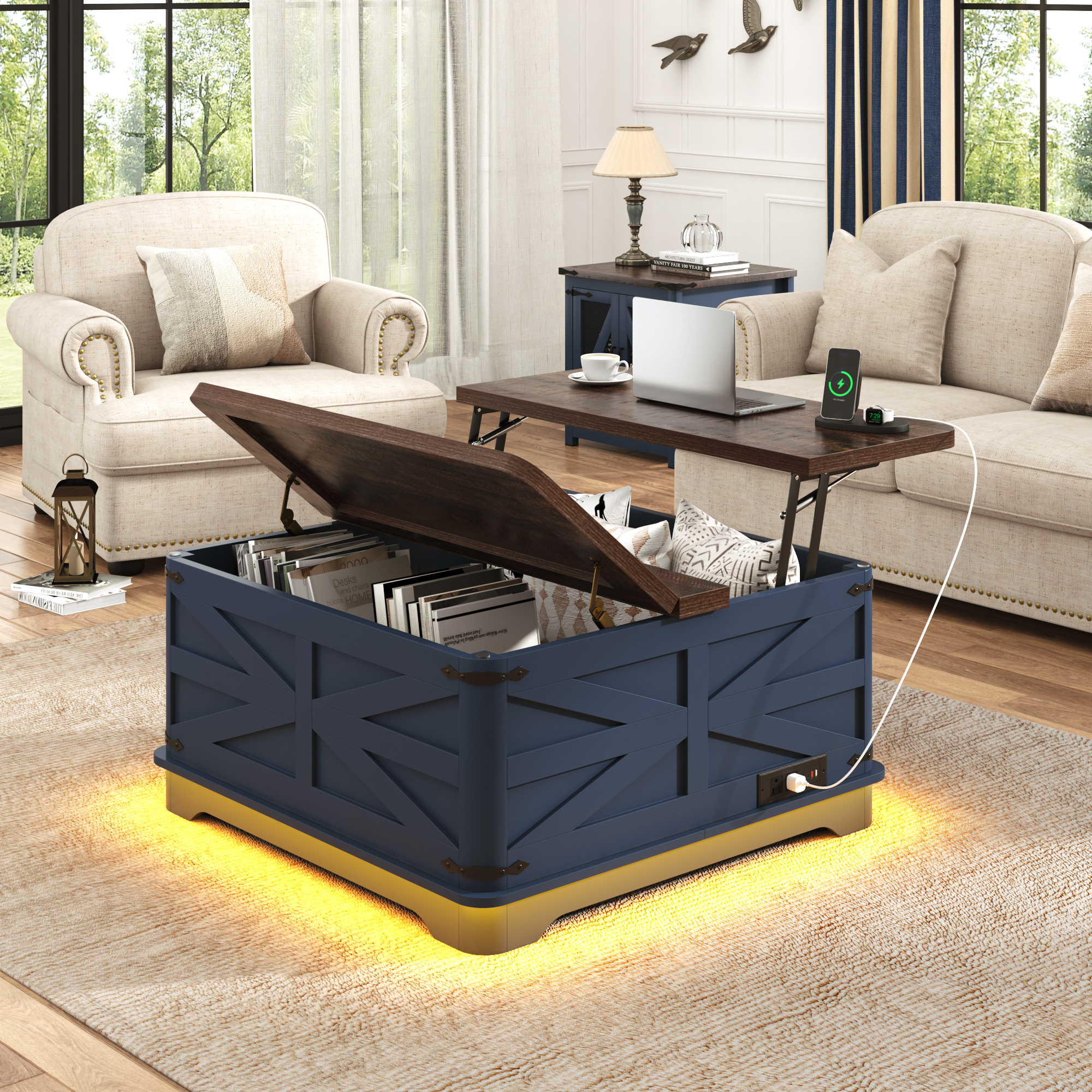 Farmhouse Lift Top Coffee Table with LED Light and Power Outlets, 36" Square Wood Living Room Storage Tables with Large Hidden Space, Lift Wooden Barn Door Center Table