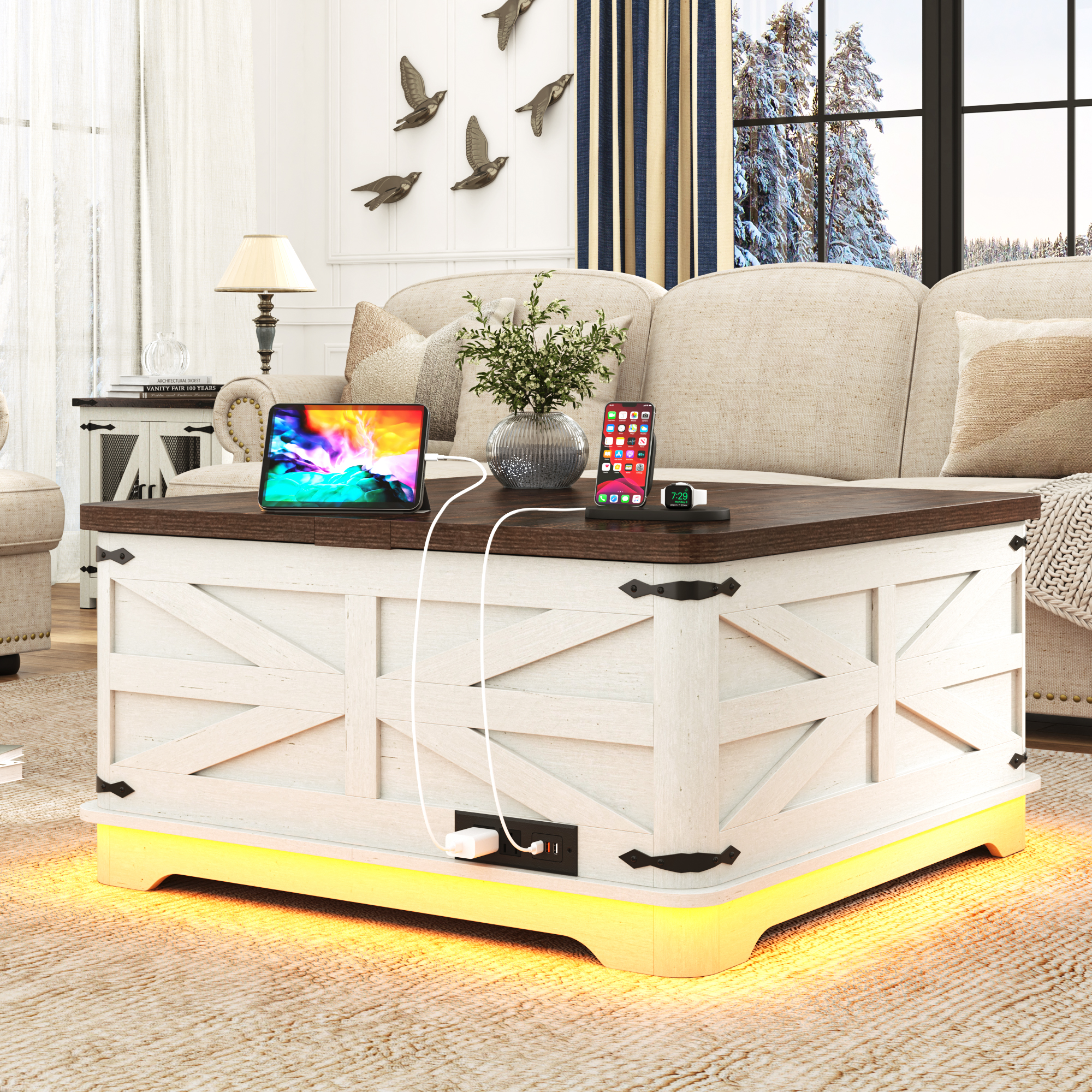 Farmhouse Lift Top Coffee Table with LED Light and Power Outlets, 36" Square Wood Living Room Storage Tables with Large Hidden Space, Lift Wooden Barn Door Center Table