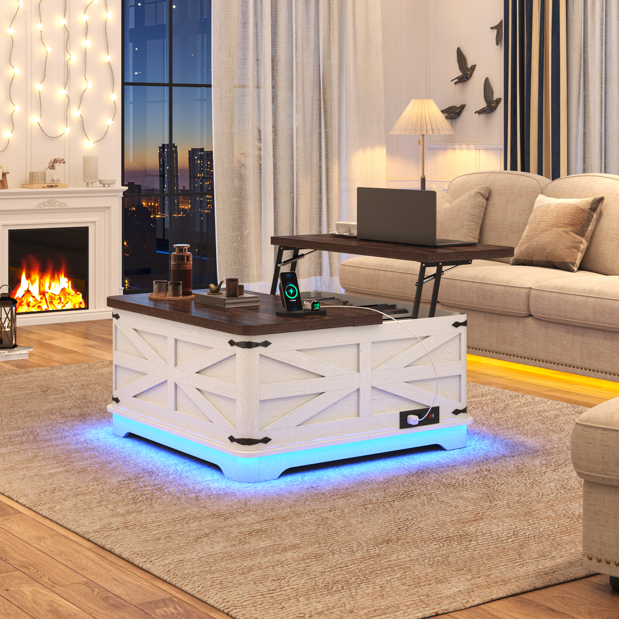 Farmhouse Lift Top Coffee Table with LED Light and Power Outlets, 36" Square Wood Living Room Storage Tables with Large Hidden Space, Lift Wooden Barn Door Center Table