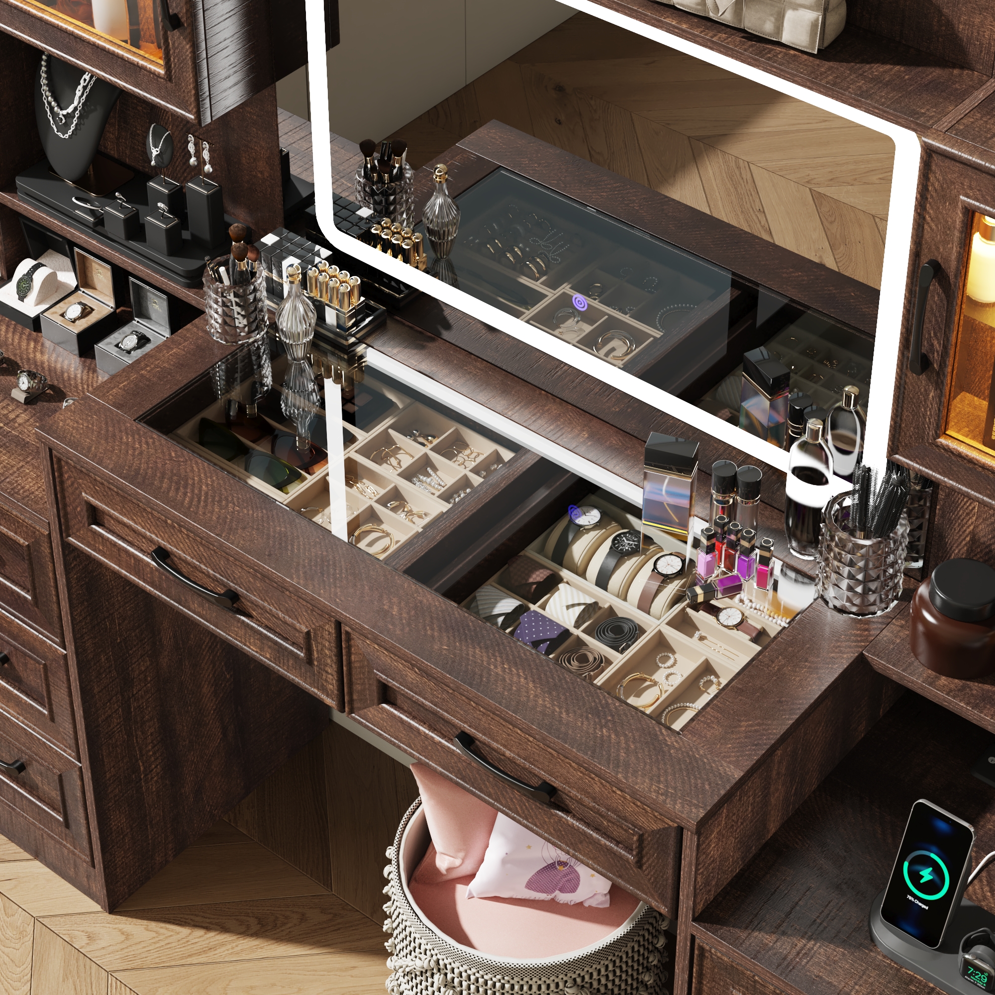 62'' Large Vanity Desk with Tempered Glass Top & Charging Station, Farmhouse Makeup Vanity with 8 Storage Drawers & 2 LED Glass Storage Cabinets/3 Lights Mode LED Mirror for Women, Girls Gift