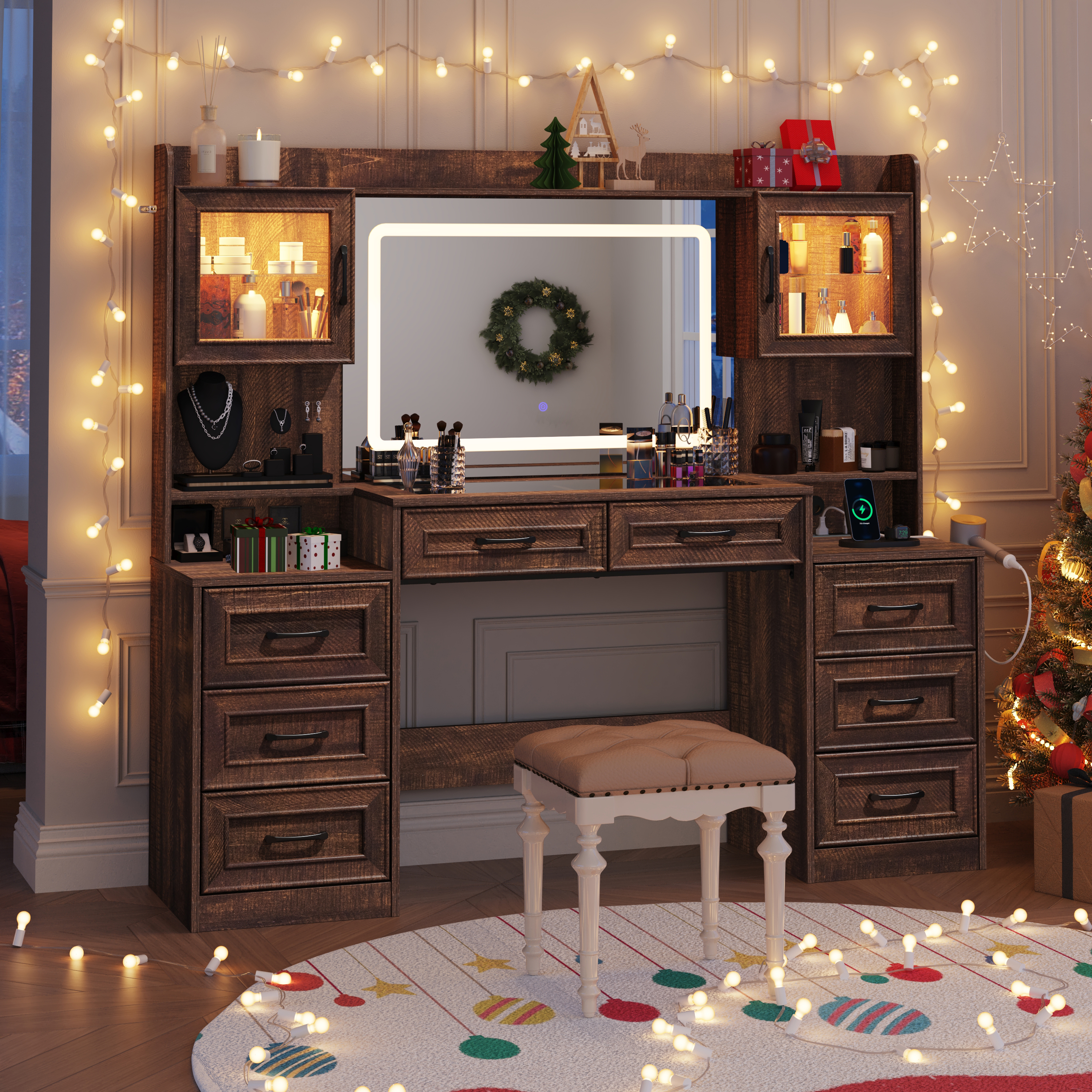 62'' Large Vanity Desk with Tempered Glass Top & Charging Station, Farmhouse Makeup Vanity with 8 Storage Drawers & 2 LED Glass Storage Cabinets/3 Lights Mode LED Mirror for Women, Girls Gift