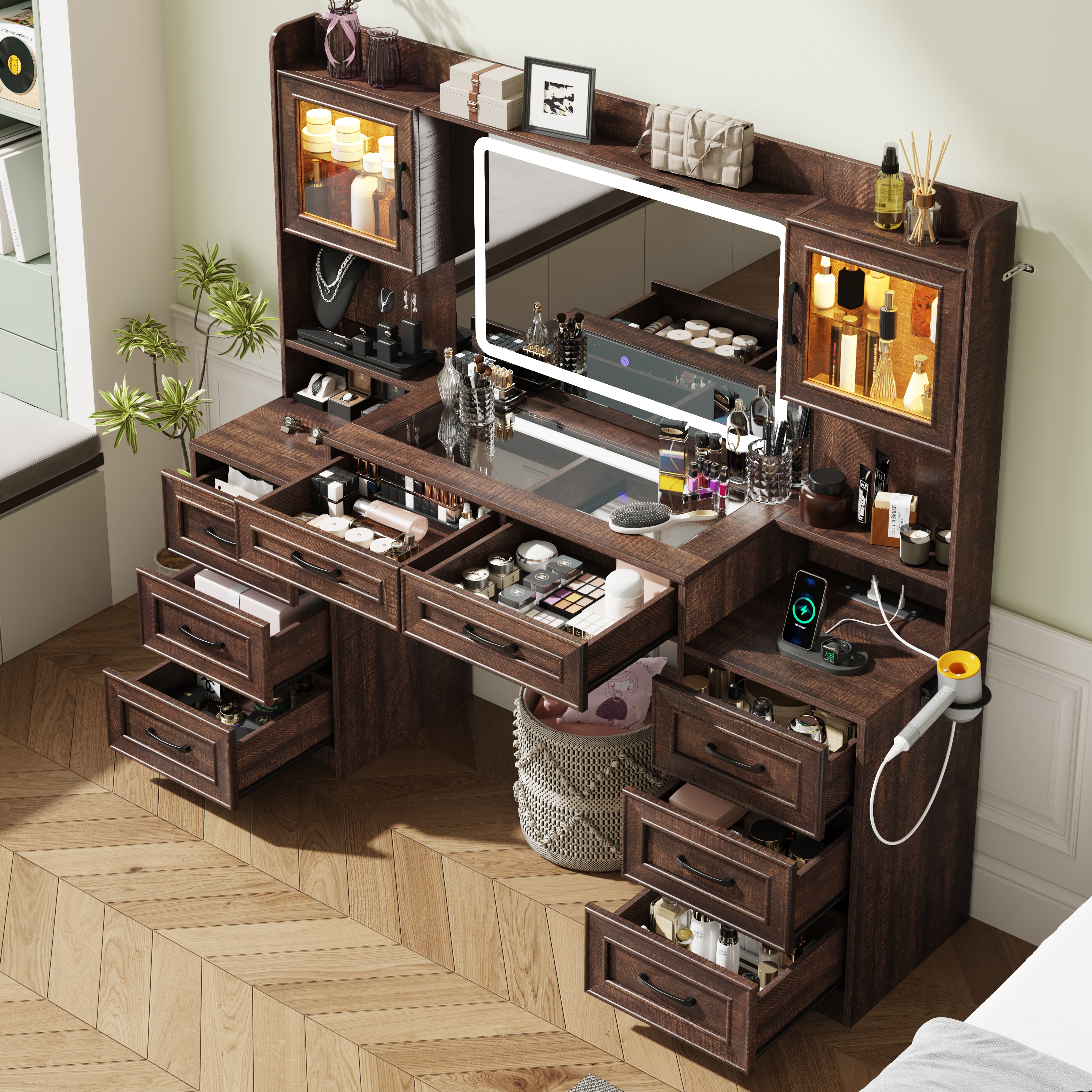 62'' Large Vanity Desk with Tempered Glass Top & Charging Station, Farmhouse Makeup Vanity with 8 Storage Drawers & 2 LED Glass Storage Cabinets/3 Lights Mode LED Mirror for Women, Girls Gift