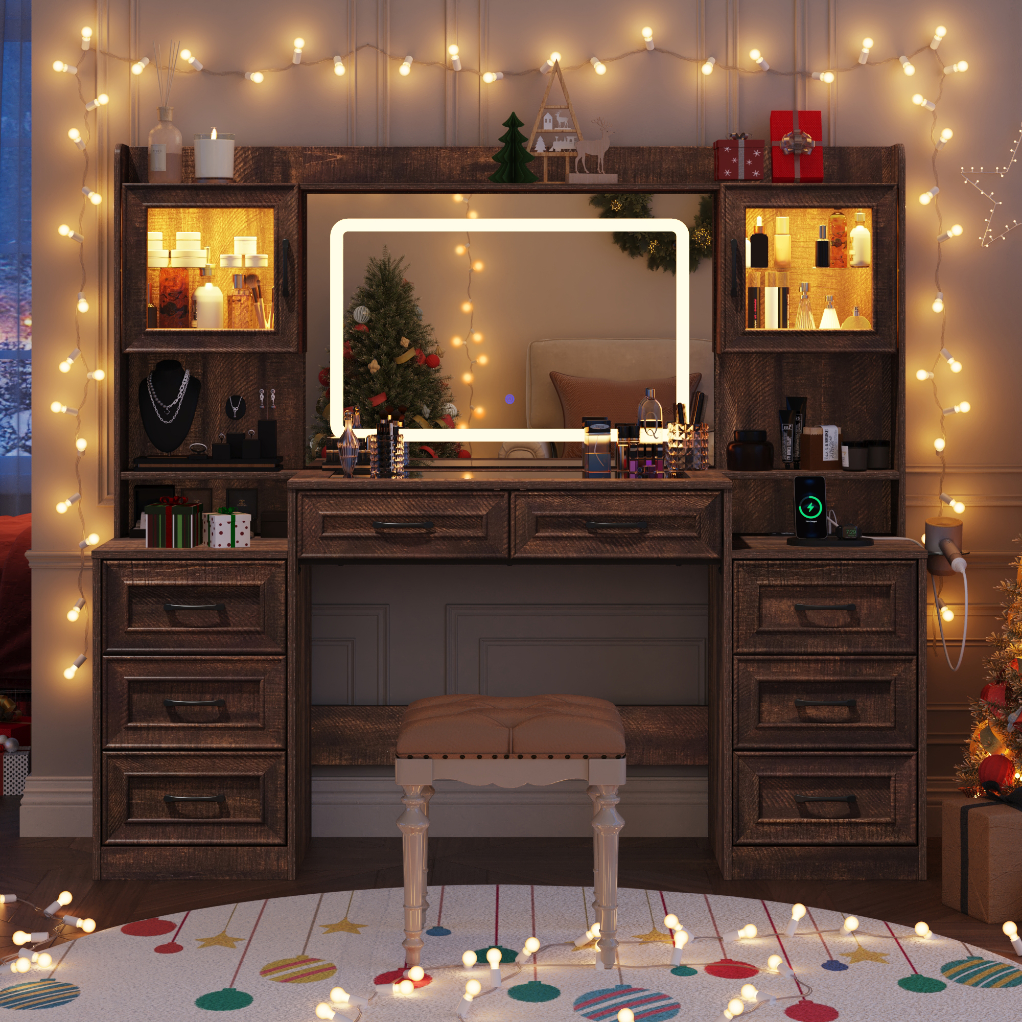 62'' Large Vanity Desk with Tempered Glass Top & Charging Station, Farmhouse Makeup Vanity with 8 Storage Drawers & 2 LED Glass Storage Cabinets/3 Lights Mode LED Mirror for Women, Girls Gift