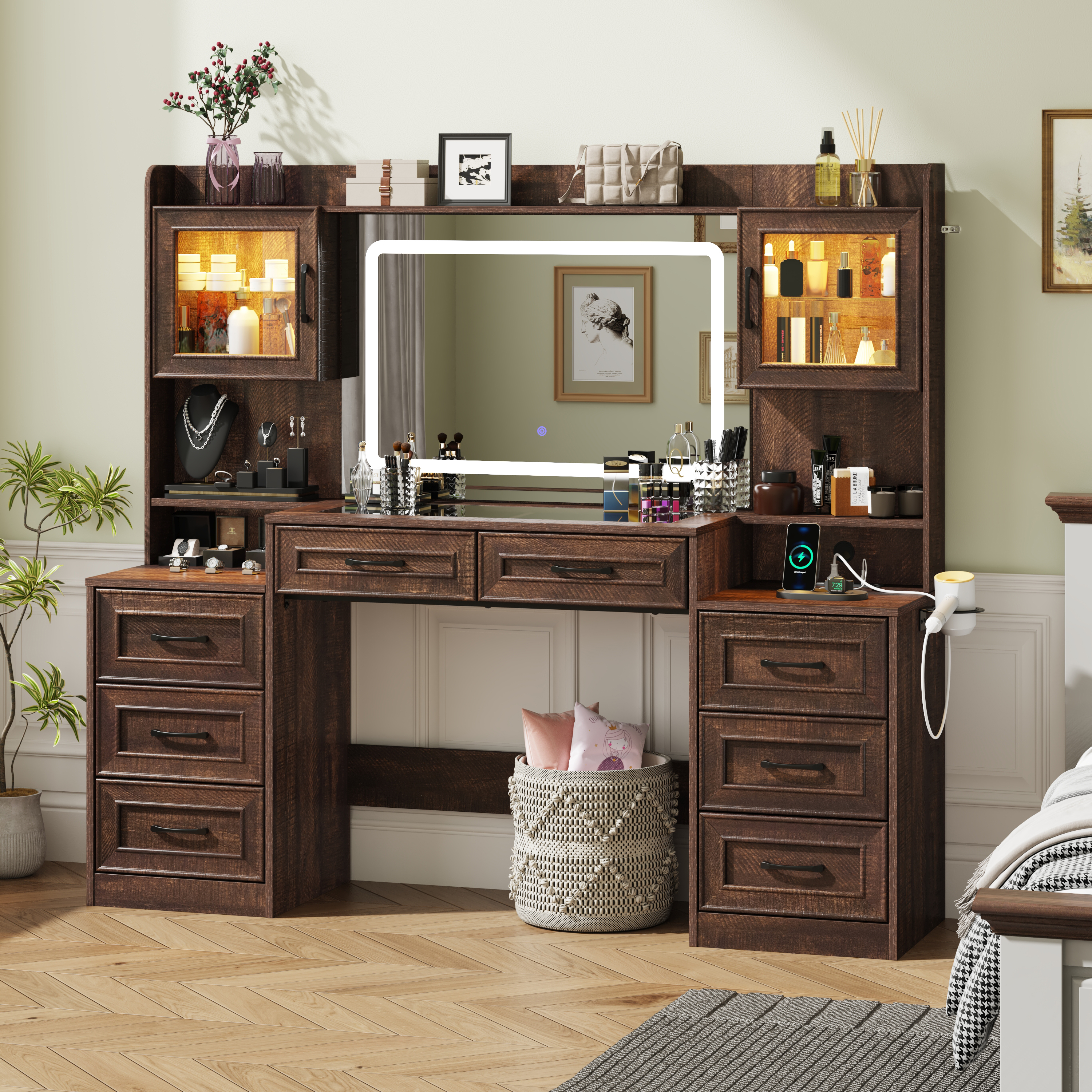 62'' Large Vanity Desk with Tempered Glass Top & Charging Station, Farmhouse Makeup Vanity with 8 Storage Drawers & 2 LED Glass Storage Cabinets/3 Lights Mode LED Mirror for Women, Girls Gift