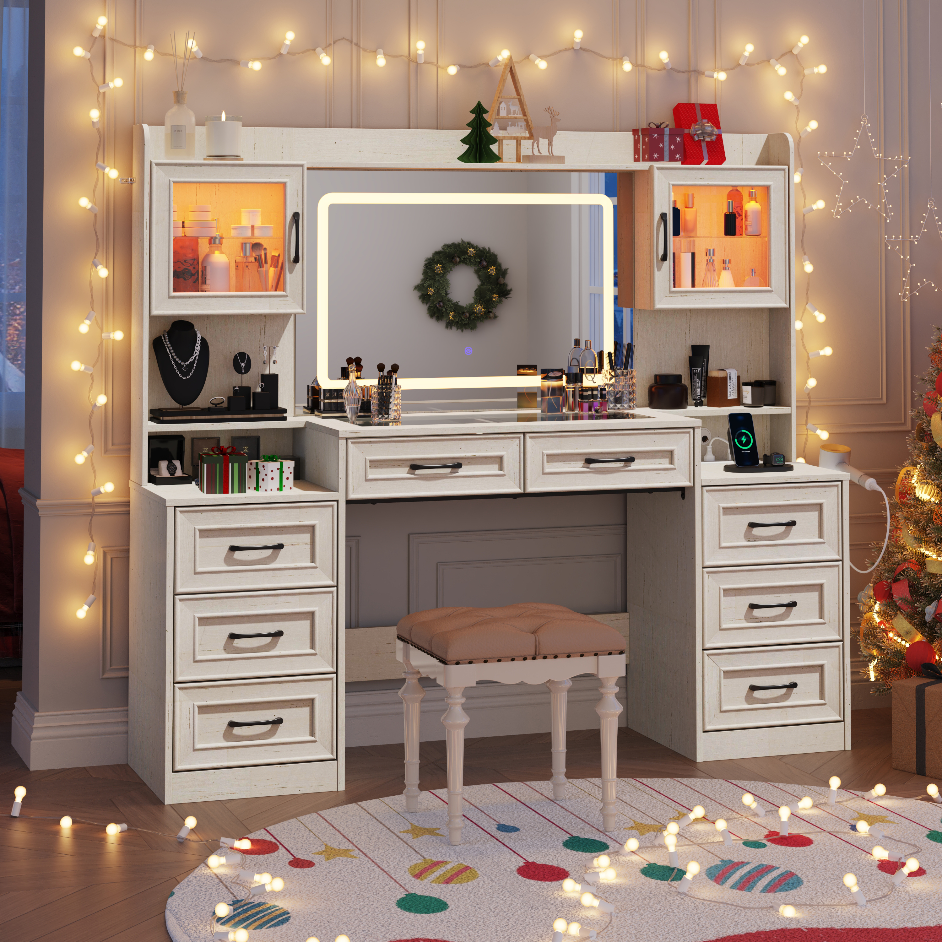 62'' Large Vanity Desk with Tempered Glass Top & Charging Station, Farmhouse Makeup Vanity with 8 Storage Drawers & 2 LED Glass Storage Cabinets/3 Lights Mode LED Mirror for Women, Girls Gift