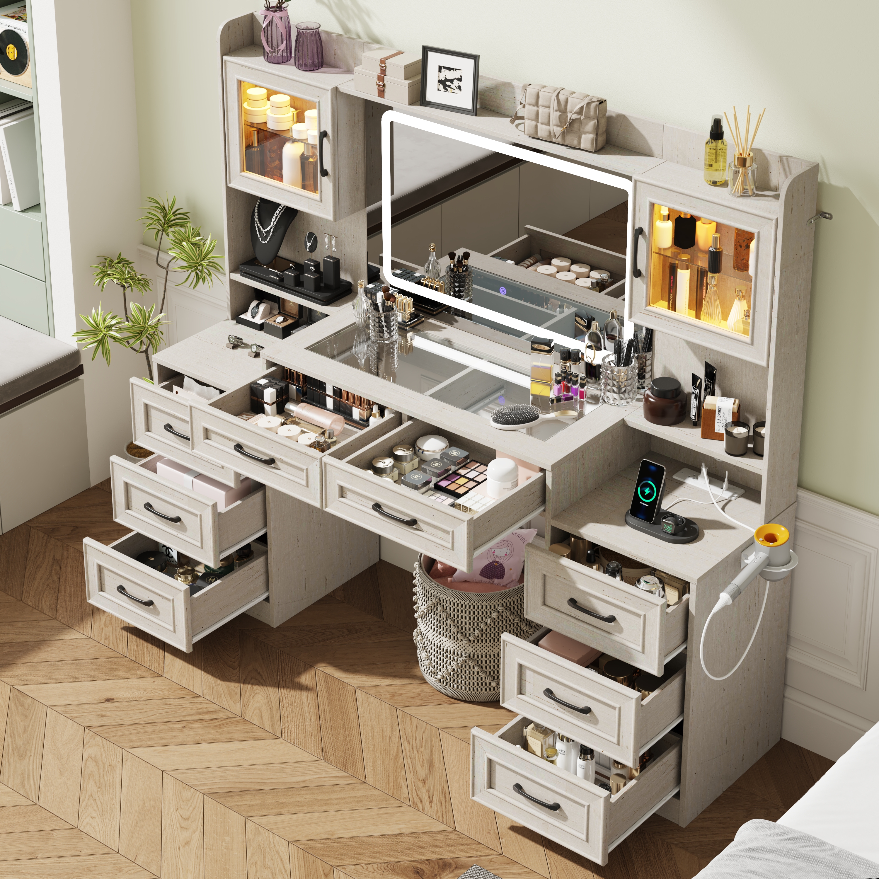 62'' Large Vanity Desk with Tempered Glass Top & Charging Station, Farmhouse Makeup Vanity with 8 Storage Drawers & 2 LED Glass Storage Cabinets/3 Lights Mode LED Mirror for Women, Girls Gift