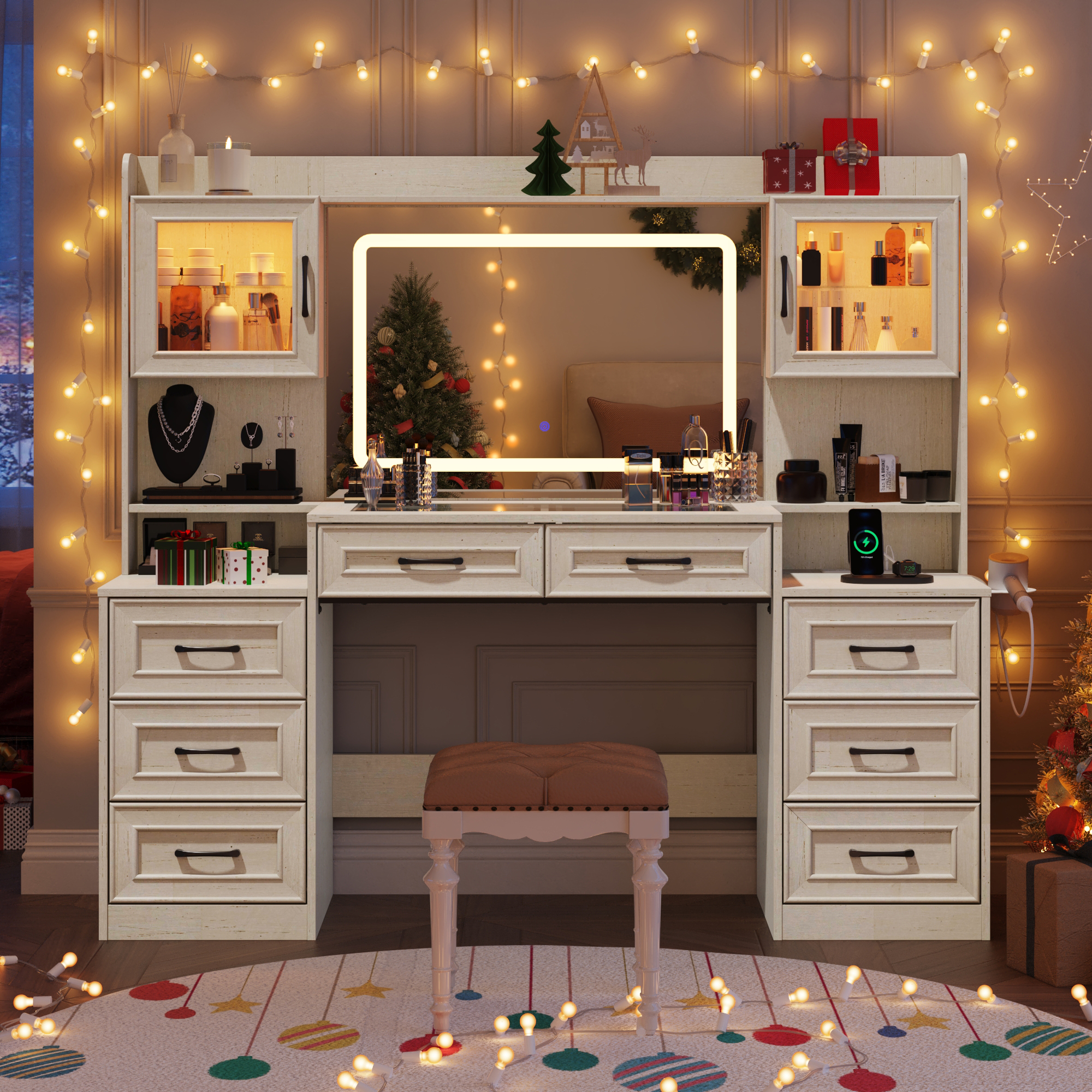 62'' Large Vanity Desk with Tempered Glass Top & Charging Station, Farmhouse Makeup Vanity with 8 Storage Drawers & 2 LED Glass Storage Cabinets/3 Lights Mode LED Mirror for Women, Girls Gift