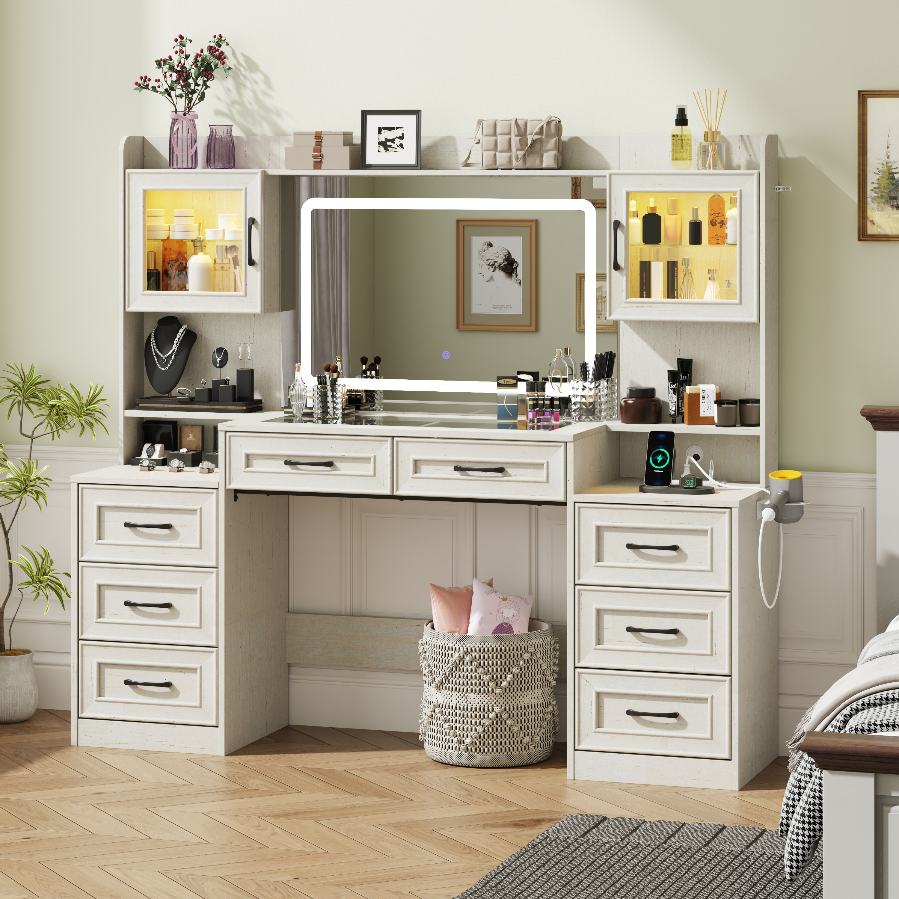 62'' Large Vanity Desk with Tempered Glass Top & Charging Station, Farmhouse Makeup Vanity with 8 Storage Drawers & 2 LED Glass Storage Cabinets/3 Lights Mode LED Mirror for Women, Girls Gift