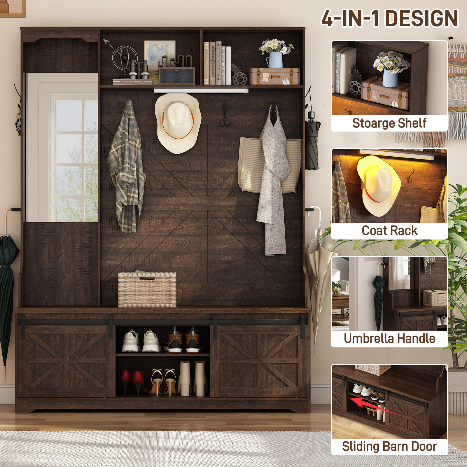 ChVans 75" Hall Tree with Mirror, LED Farmhouse Hall Tree with Bench and Shoe Storage, Hallway Tree w/ Sliding Barn Door, Umbrella Holder, Coat Rack for Entrance Entryway Mudroom