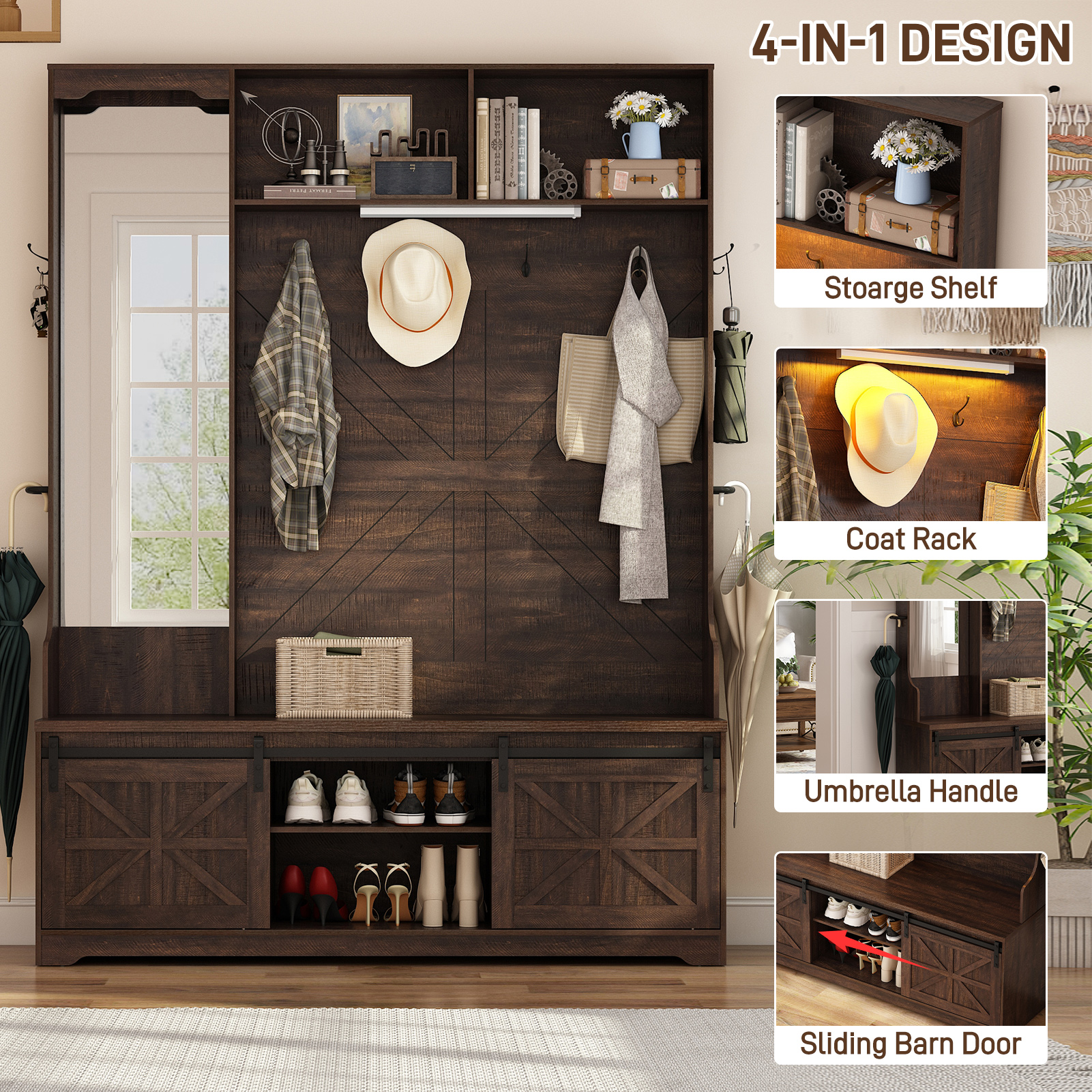 ChVans 79" Hall Tree with Mirror, LED Farmhouse Hall Tree with Bench and Shoe Storage, Hallway Tree with Sliding Barn Door, 12 Hooks, Umbrella Holder, Coat Rack for Entrance Entryway Mudroom