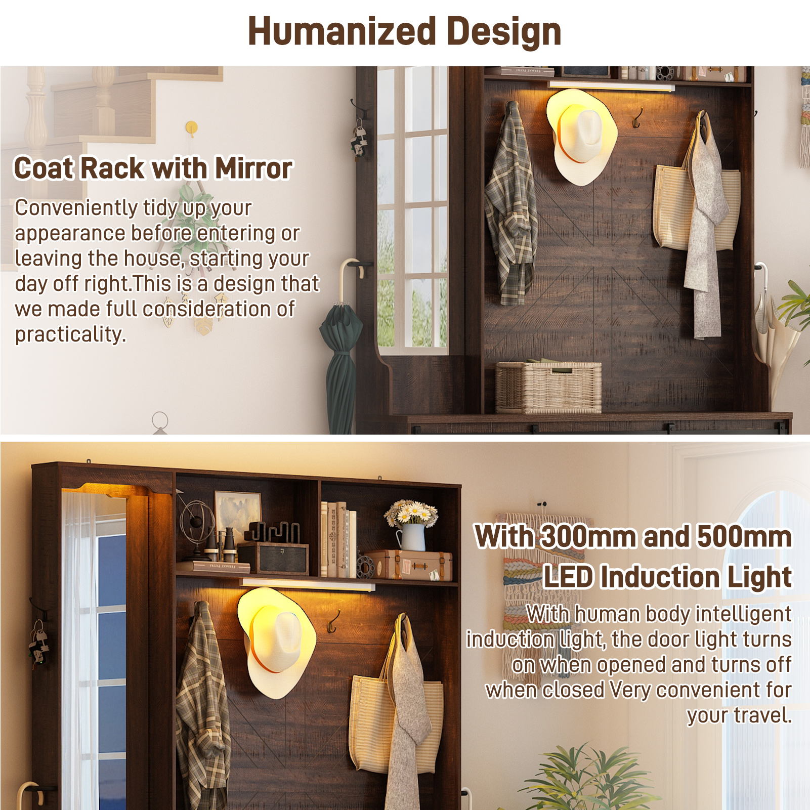 ChVans 79" Hall Tree with Mirror, LED Farmhouse Hall Tree with Bench and Shoe Storage, Hallway Tree with Sliding Barn Door, 12 Hooks, Umbrella Holder, Coat Rack for Entrance Entryway Mudroom