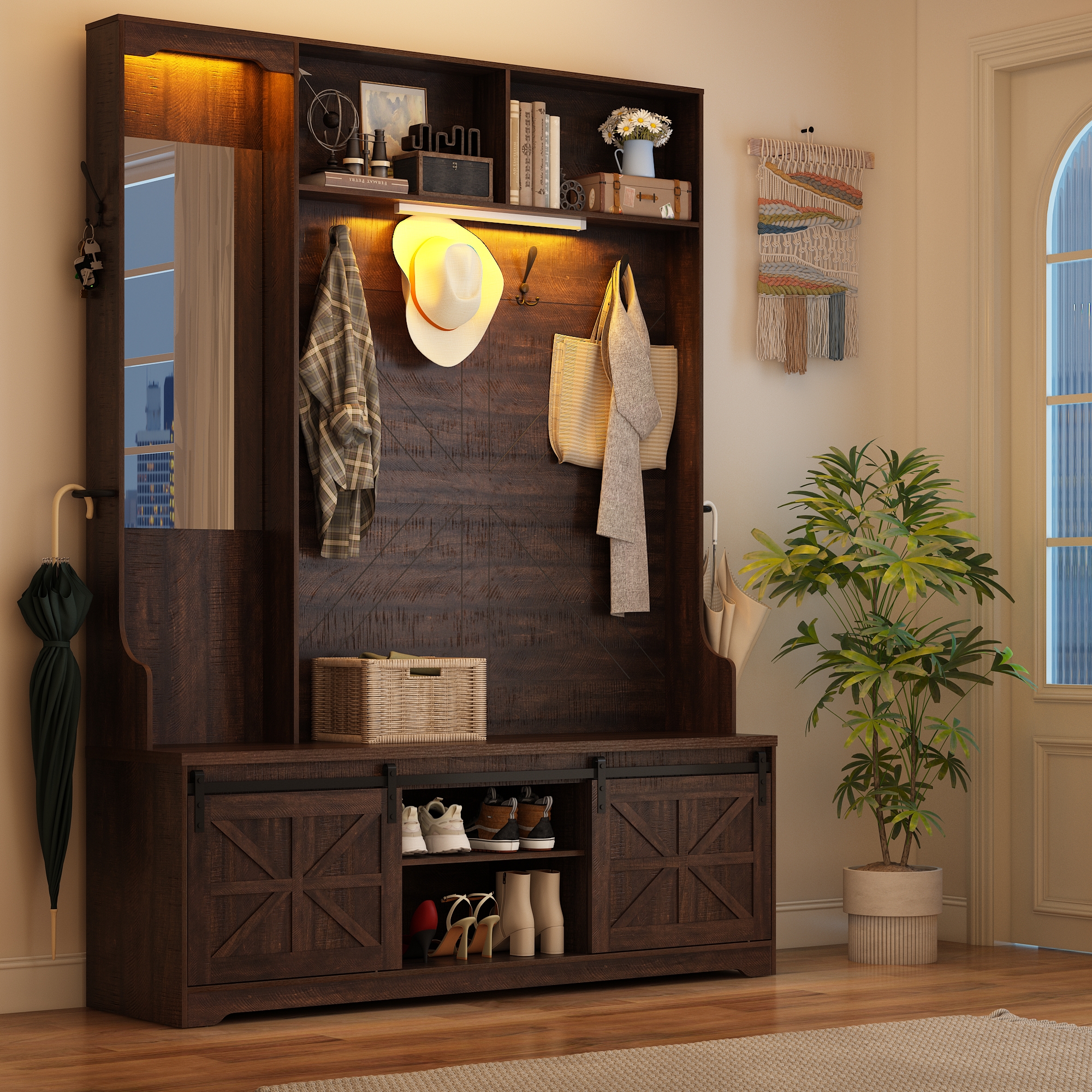 ChVans 75" Hall Tree with Mirror, LED Farmhouse Hall Tree with Bench and Shoe Storage, Hallway Tree w/ Sliding Barn Door, Umbrella Holder, Coat Rack for Entrance Entryway Mudroom