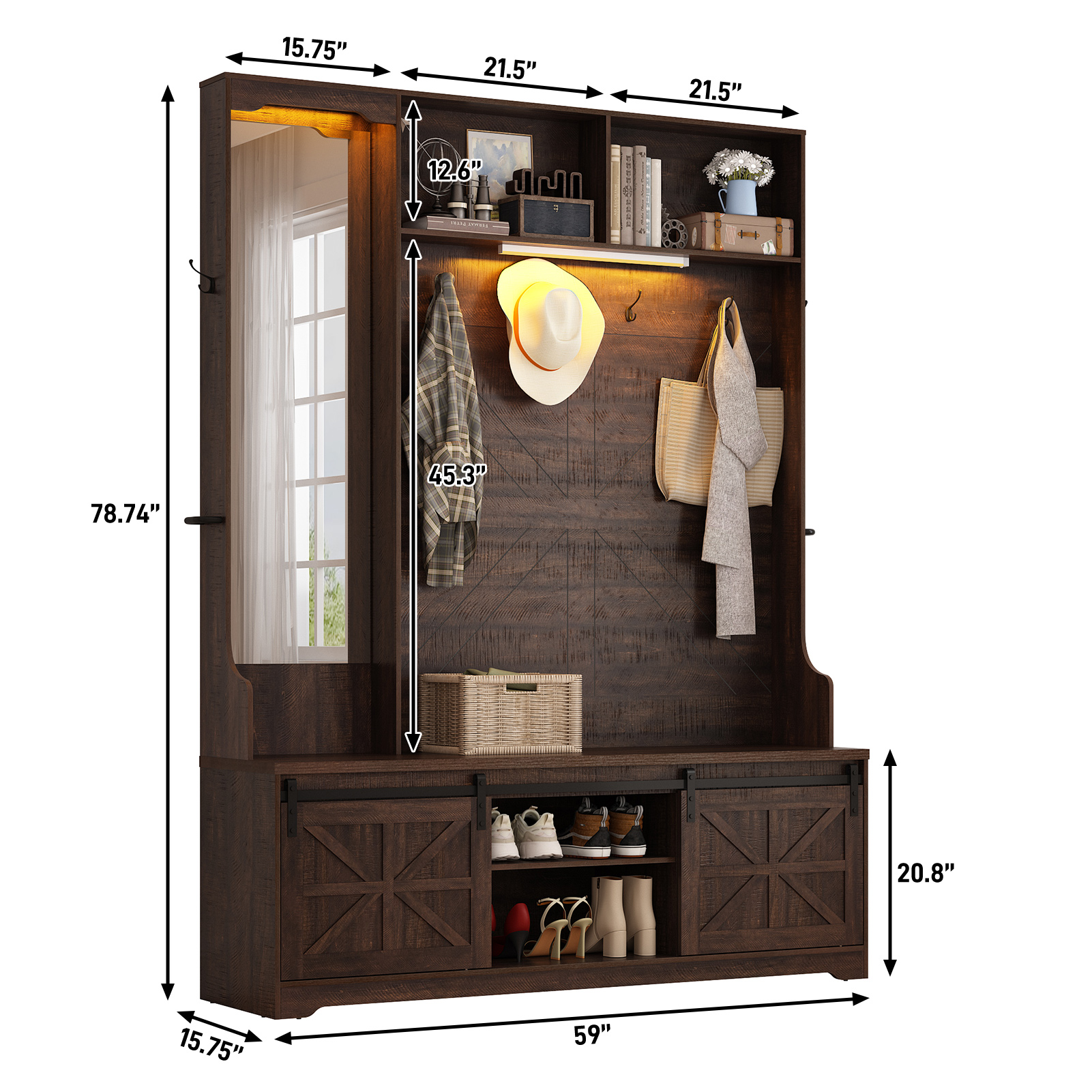 ChVans 79" Hall Tree with Mirror, LED Farmhouse Hall Tree with Bench and Shoe Storage, Hallway Tree with Sliding Barn Door, 12 Hooks, Umbrella Holder, Coat Rack for Entrance Entryway Mudroom