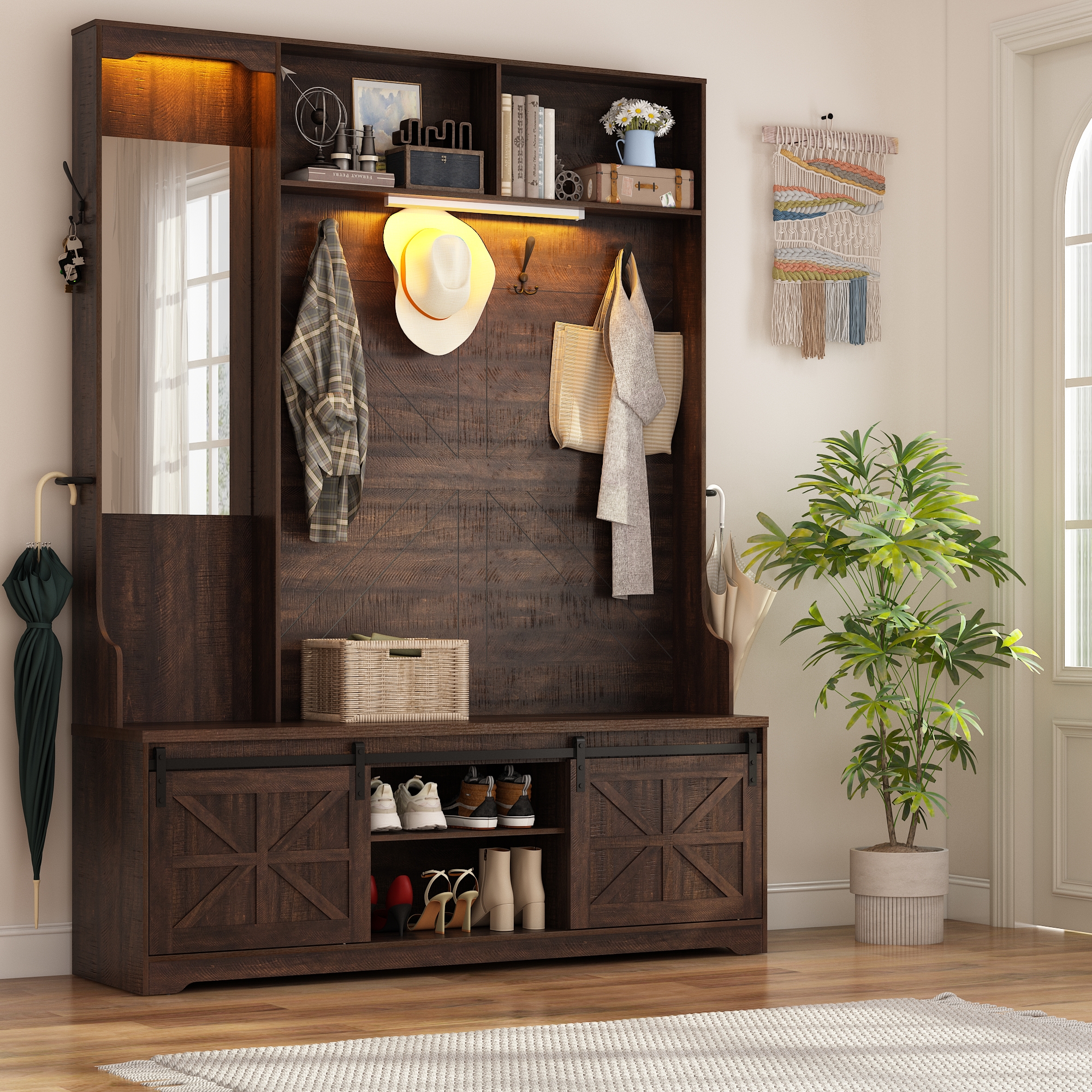 ChVans 75" Hall Tree with Mirror, LED Farmhouse Hall Tree with Bench and Shoe Storage, Hallway Tree w/ Sliding Barn Door, Umbrella Holder, Coat Rack for Entrance Entryway Mudroom