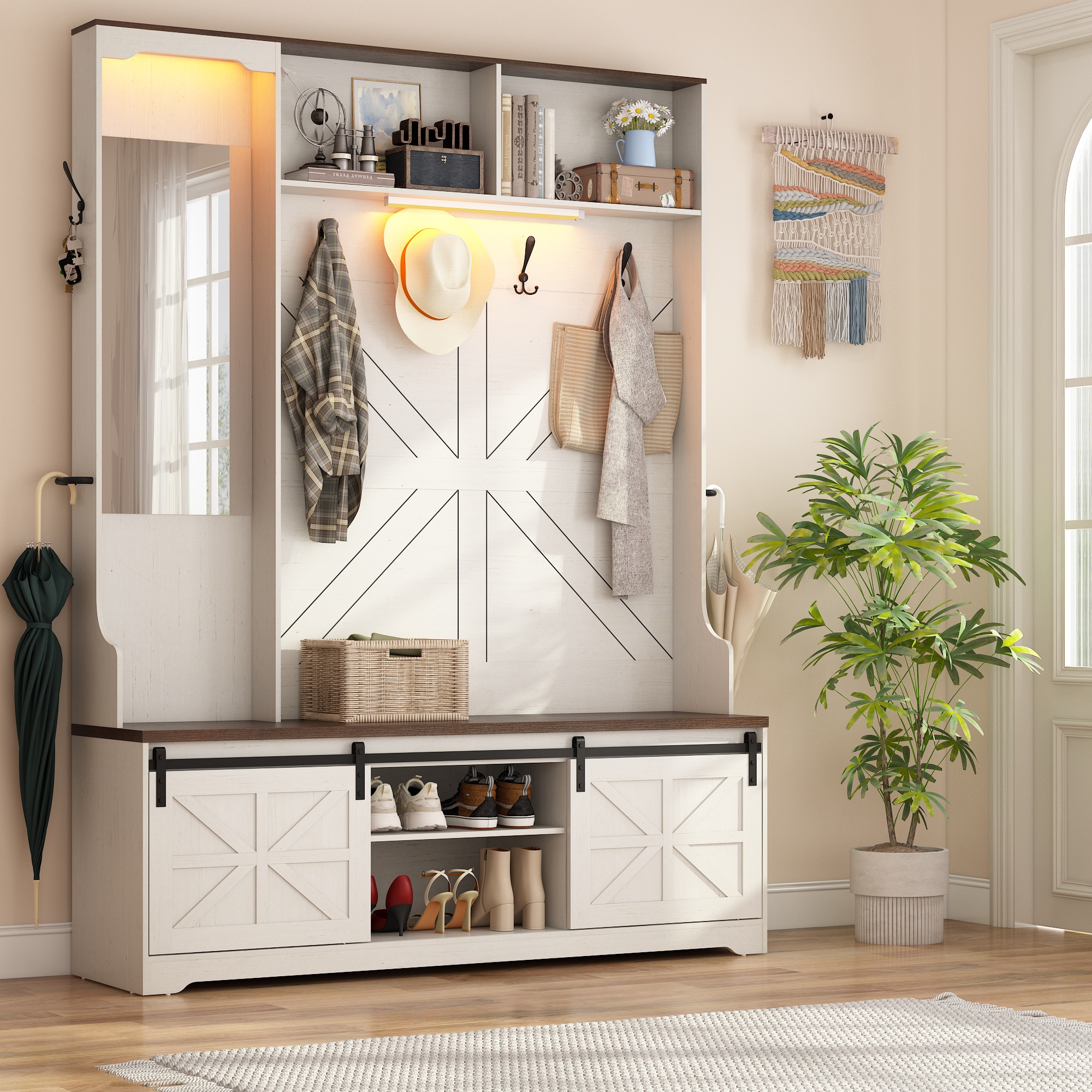 ChVans 75" Hall Tree with Mirror, LED Farmhouse Hall Tree with Bench and Shoe Storage, Hallway Tree w/ Sliding Barn Door, Umbrella Holder, Coat Rack for Entrance Entryway Mudroom
