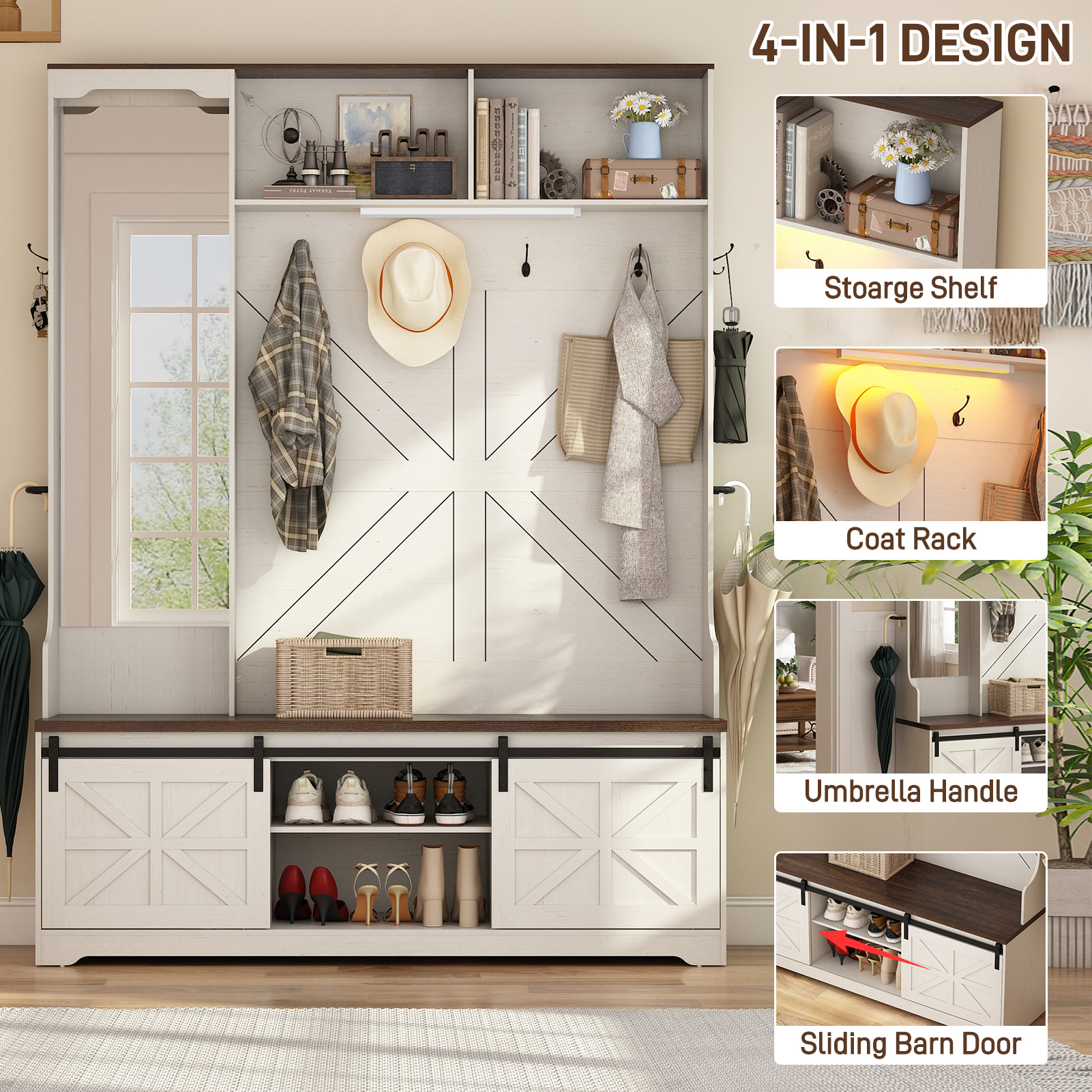 ChVans 79" Hall Tree with Mirror, LED Farmhouse Hall Tree with Bench and Shoe Storage, Hallway Tree with Sliding Barn Door, 12 Hooks, Umbrella Holder, Coat Rack for Entrance Entryway Mudroom