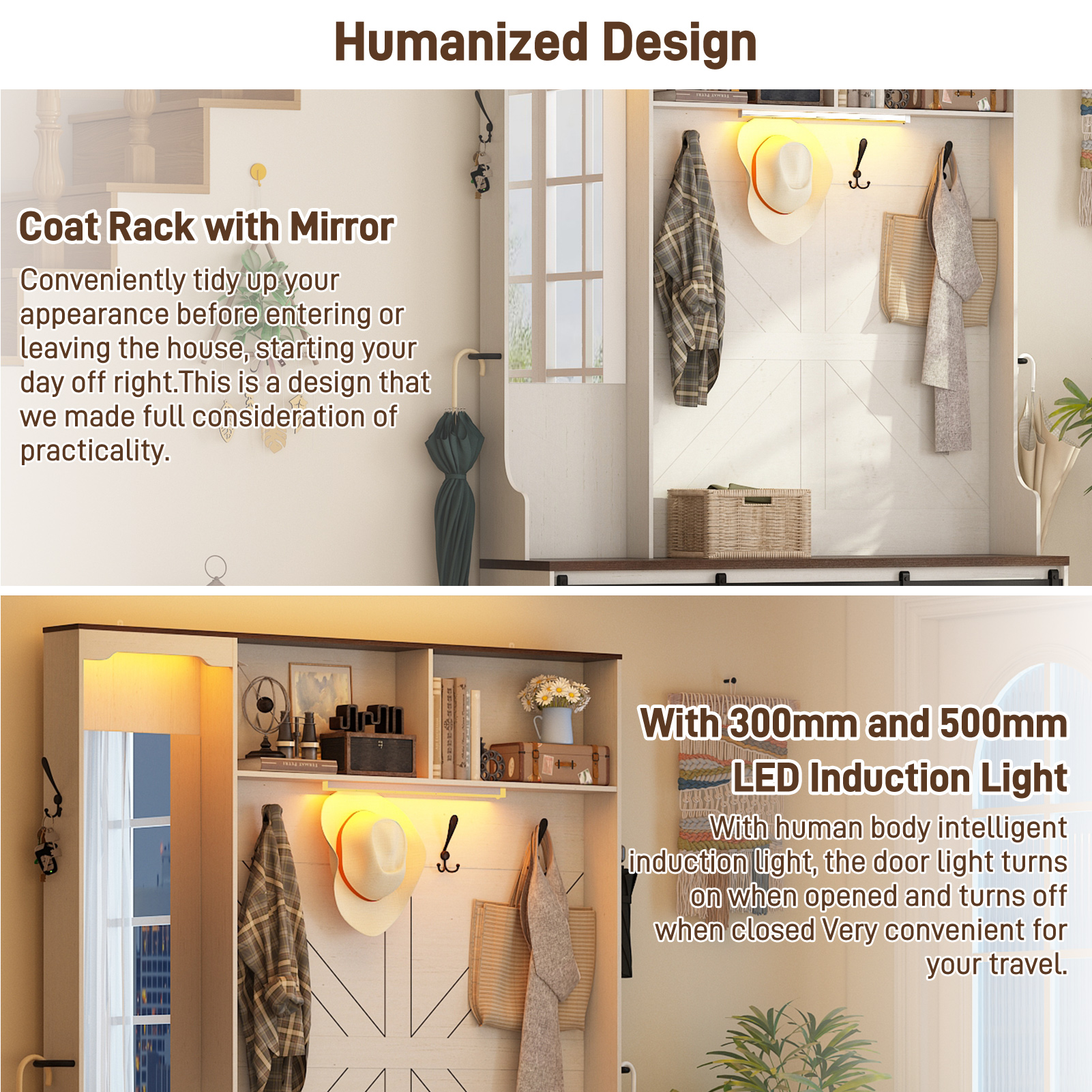 ChVans 75" Hall Tree with Mirror, LED Farmhouse Hall Tree with Bench and Shoe Storage, Hallway Tree w/ Sliding Barn Door, Umbrella Holder, Coat Rack for Entrance Entryway Mudroom