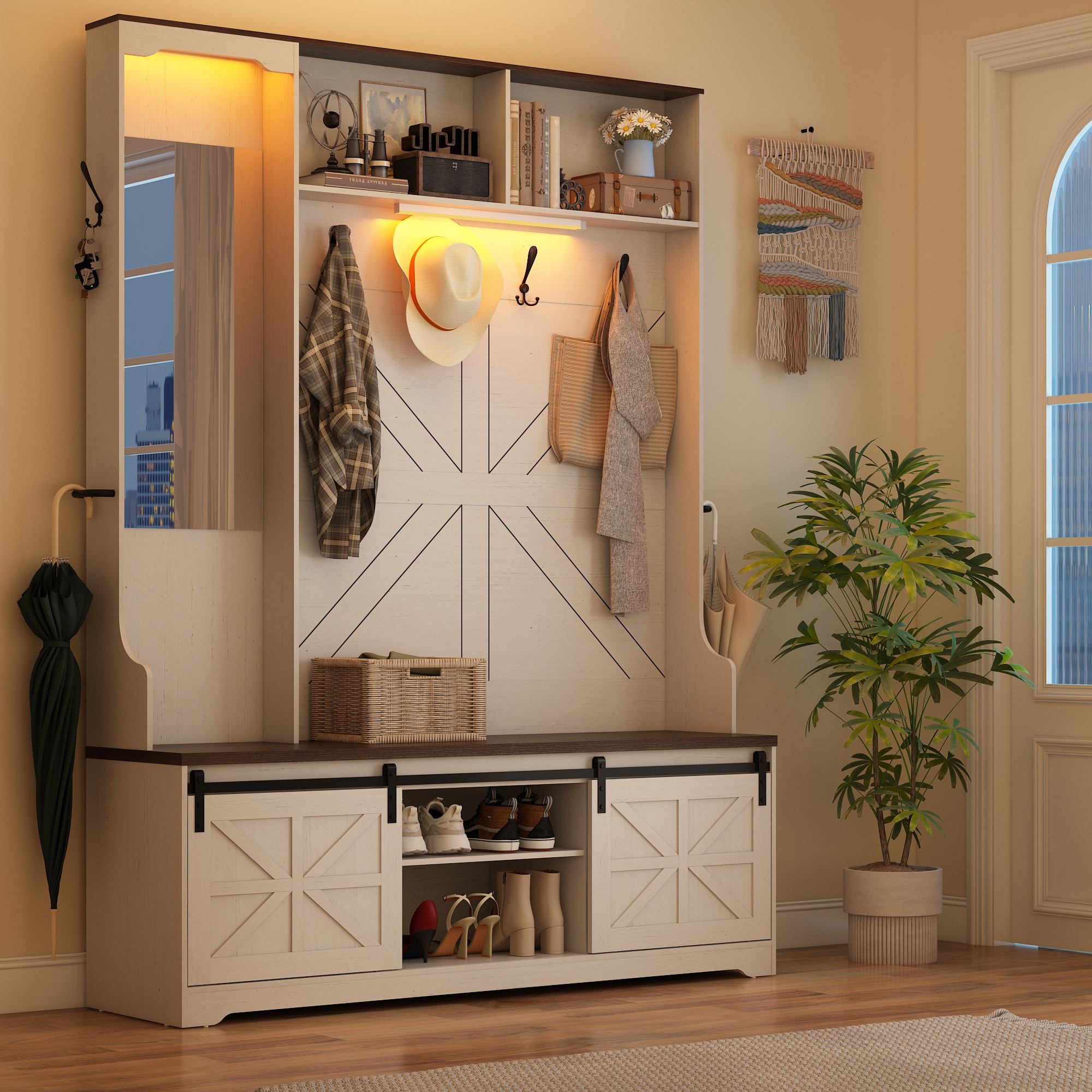 ChVans 75" Hall Tree with Mirror, LED Farmhouse Hall Tree with Bench and Shoe Storage, Hallway Tree w/ Sliding Barn Door, Umbrella Holder, Coat Rack for Entrance Entryway Mudroom