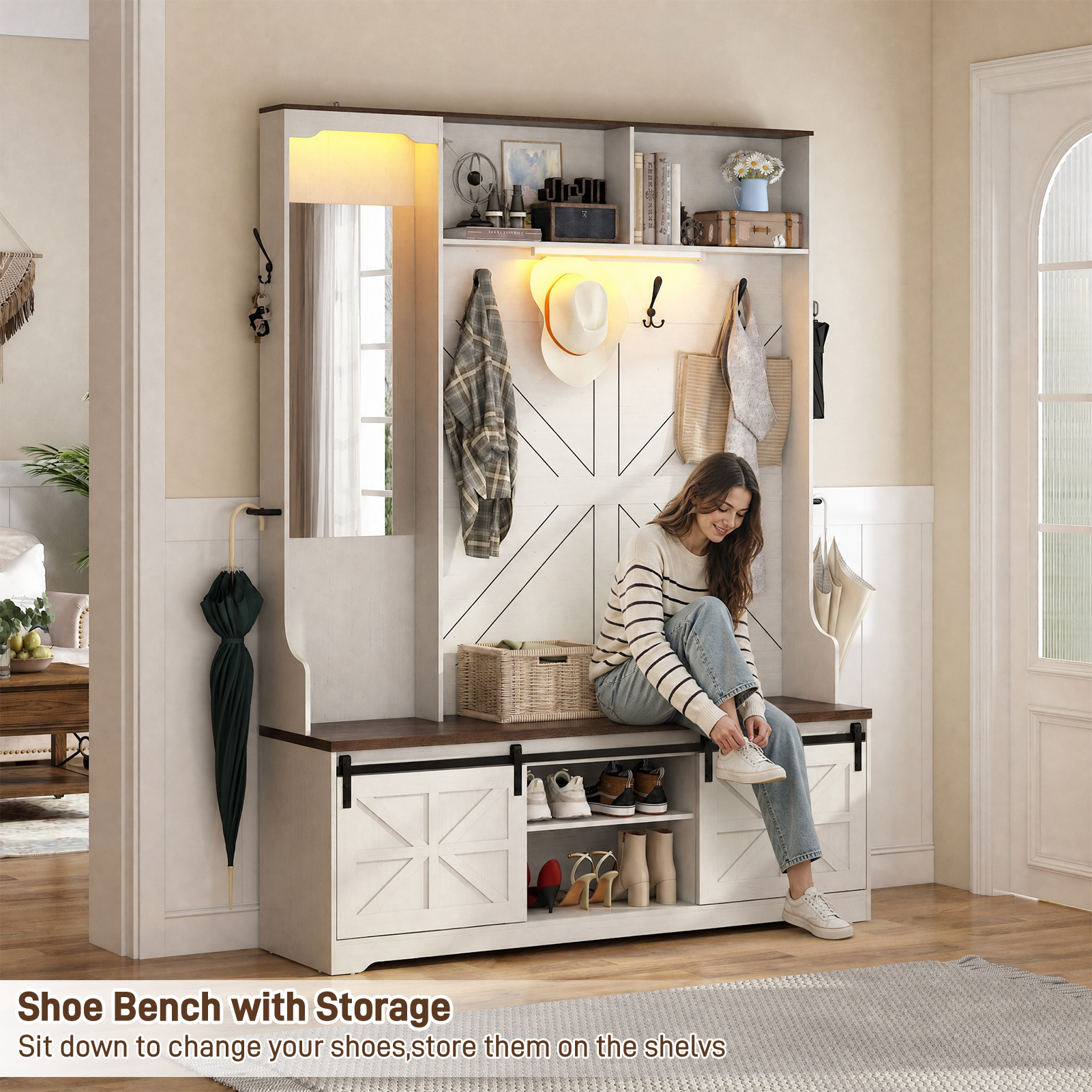 ChVans 75" Hall Tree with Mirror, LED Farmhouse Hall Tree with Bench and Shoe Storage, Hallway Tree w/ Sliding Barn Door, Umbrella Holder, Coat Rack for Entrance Entryway Mudroom