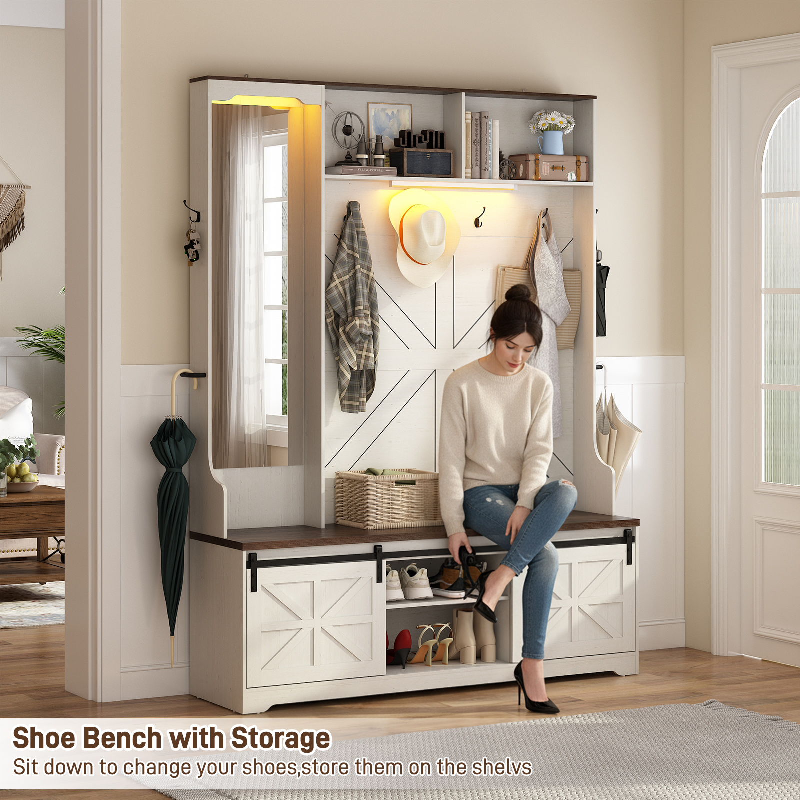 ChVans 79" Hall Tree with Mirror, LED Farmhouse Hall Tree with Bench and Shoe Storage, Hallway Tree with Sliding Barn Door, 12 Hooks, Umbrella Holder, Coat Rack for Entrance Entryway Mudroom