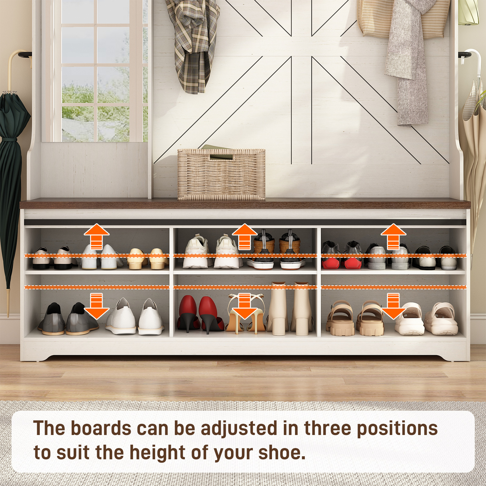 ChVans 79" Hall Tree with Mirror, LED Farmhouse Hall Tree with Bench and Shoe Storage, Hallway Tree with Sliding Barn Door, 12 Hooks, Umbrella Holder, Coat Rack for Entrance Entryway Mudroom