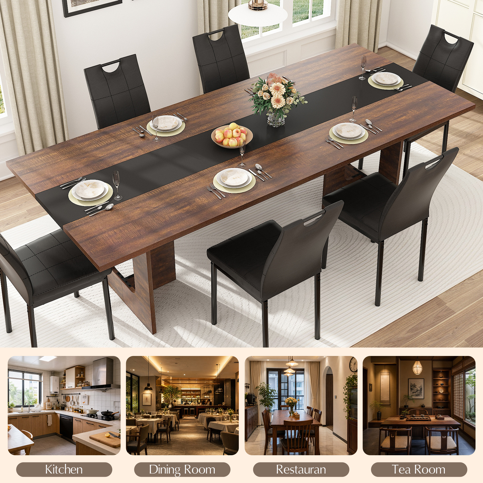 ChVans 95" Large Kitchen Dining Room Table for 10-12 People, Rectangular Wooden Kitchen Table with Heavy Duty Legs, Modern Dinner Furniture Last Forever, Wood Grain