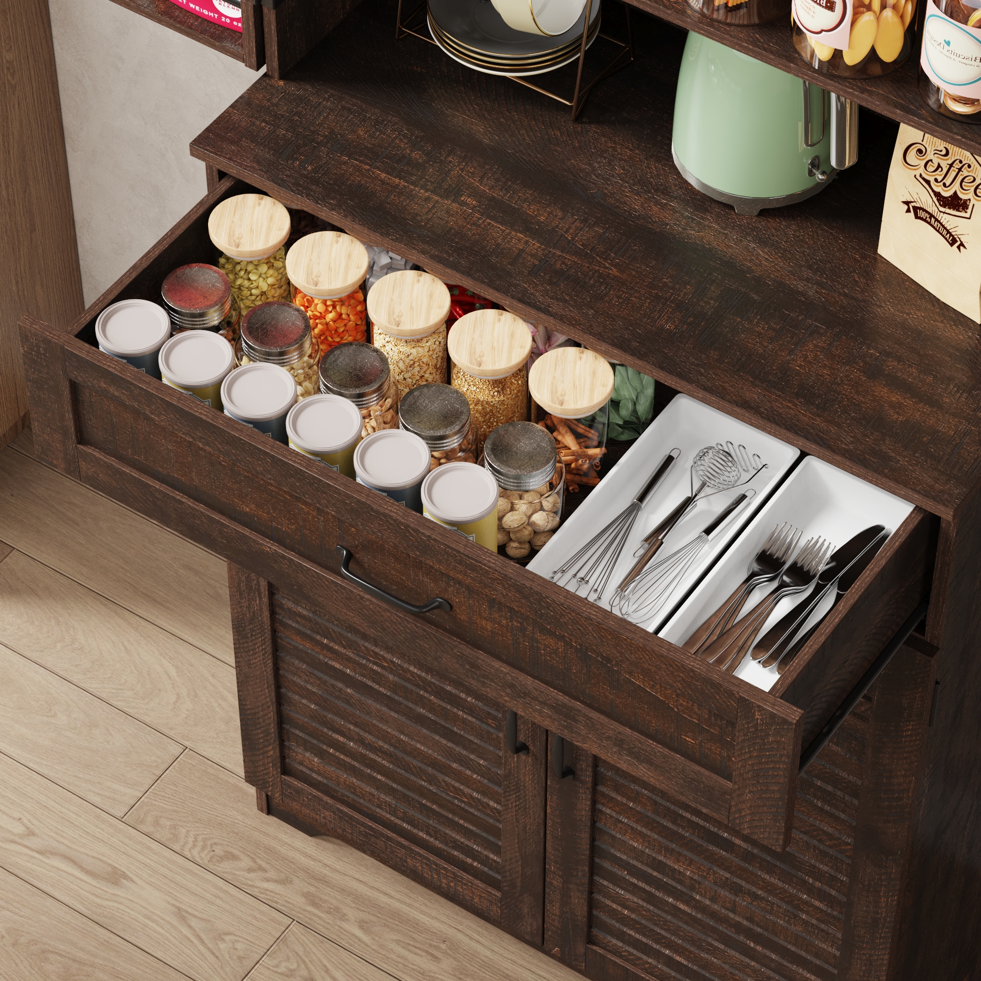 ChVans 71''Tall Kitchen Pantry Cabinet with Louver Doors, 3 Layers Storage Cabinet, 3 Drawers, 6 Hanging Shelves, Adjustable Shelves, Versatile Large Rustic Cabinet for Kitchen Dining Living Room