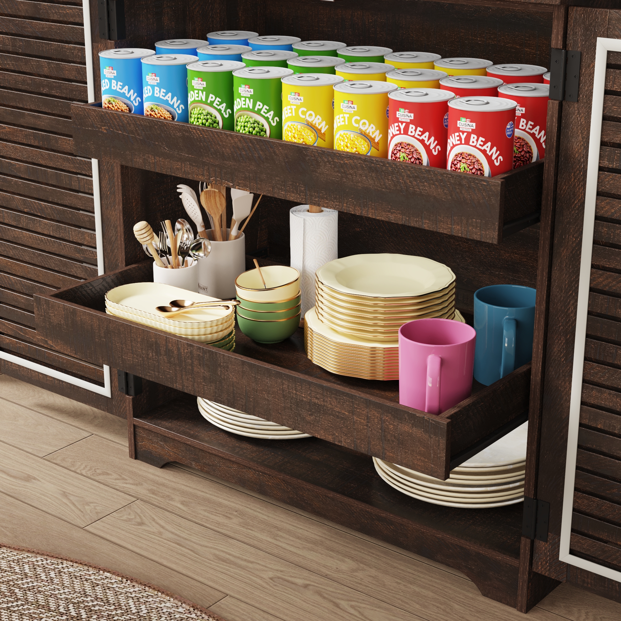 ChVans 71''Tall Kitchen Pantry Cabinet with Louver Doors, 3 Layers Storage Cabinet, 3 Drawers, 6 Hanging Shelves, Adjustable Shelves, Versatile Large Rustic Cabinet for Kitchen Dining Living Room