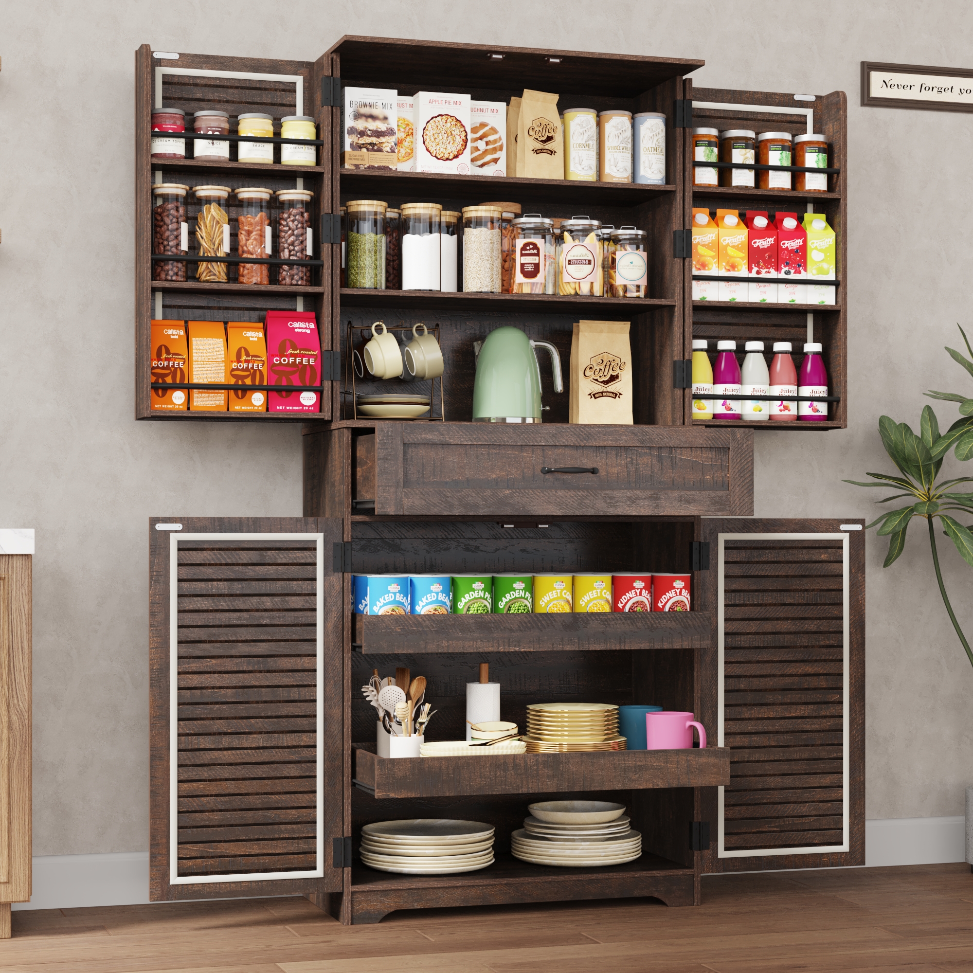 ChVans 71''Tall Kitchen Pantry Cabinet with Louver Doors, 3 Layers Storage Cabinet, 3 Drawers, 6 Hanging Shelves, Adjustable Shelves, Versatile Large Rustic Cabinet for Kitchen Dining Living Room