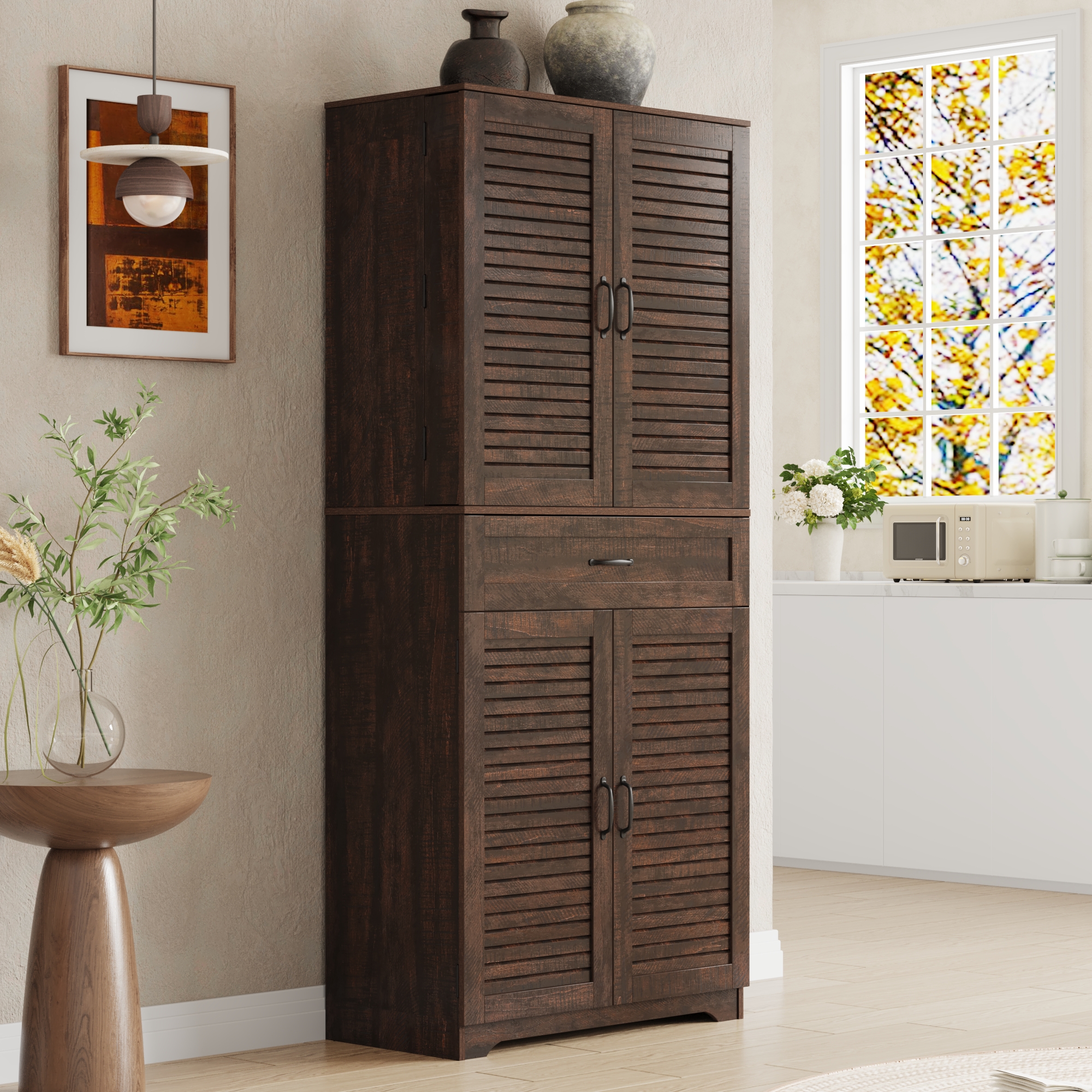 ChVans 71''Tall Kitchen Pantry Cabinet with Louver Doors, 3 Layers Storage Cabinet, 3 Drawers, 6 Hanging Shelves, Adjustable Shelves, Versatile Large Rustic Cabinet for Kitchen Dining Living Room