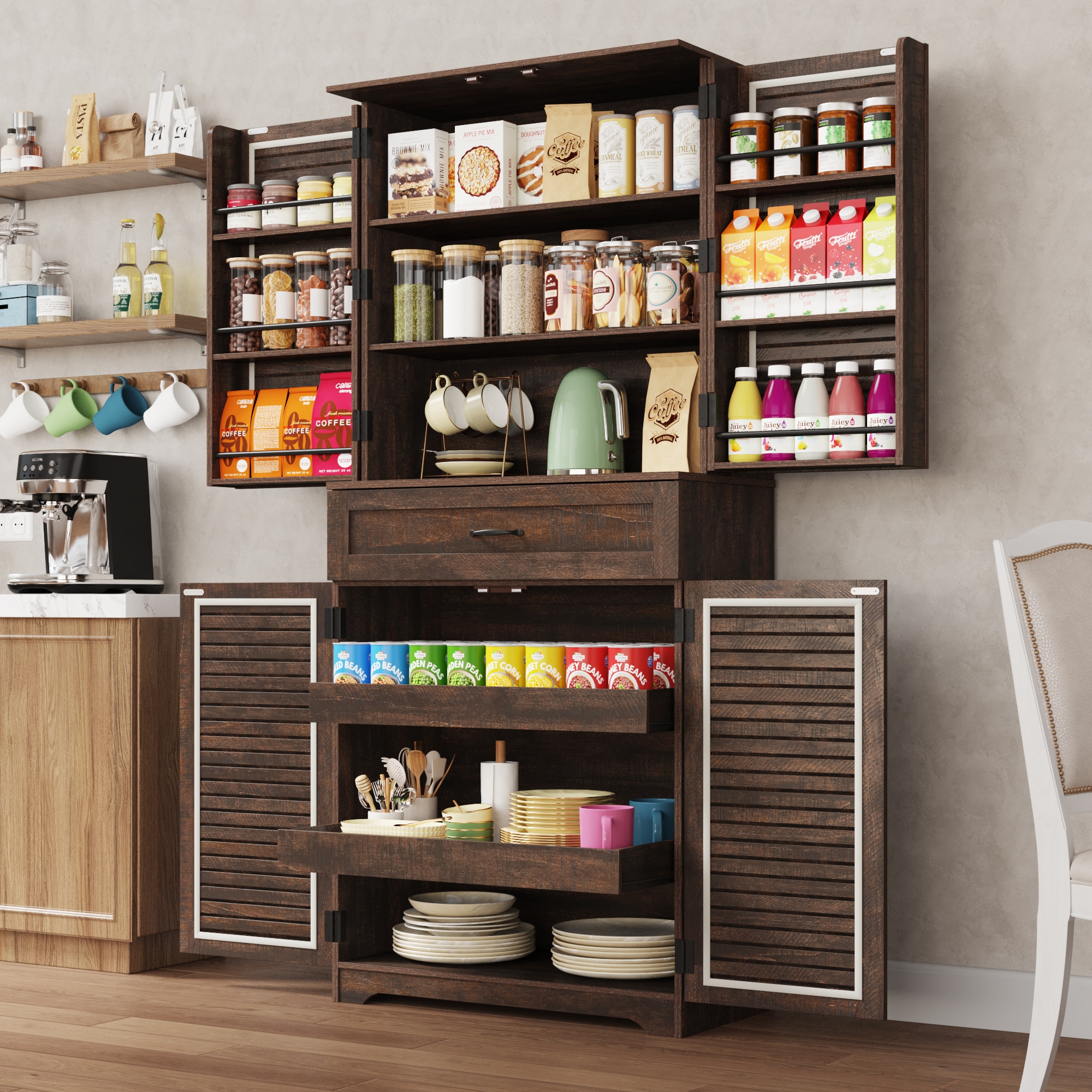 ChVans 71''Tall Kitchen Pantry Cabinet with Louver Doors, 3 Layers Storage Cabinet, 3 Drawers, 6 Hanging Shelves, Adjustable Shelves, Versatile Large Rustic Cabinet for Kitchen Dining Living Room