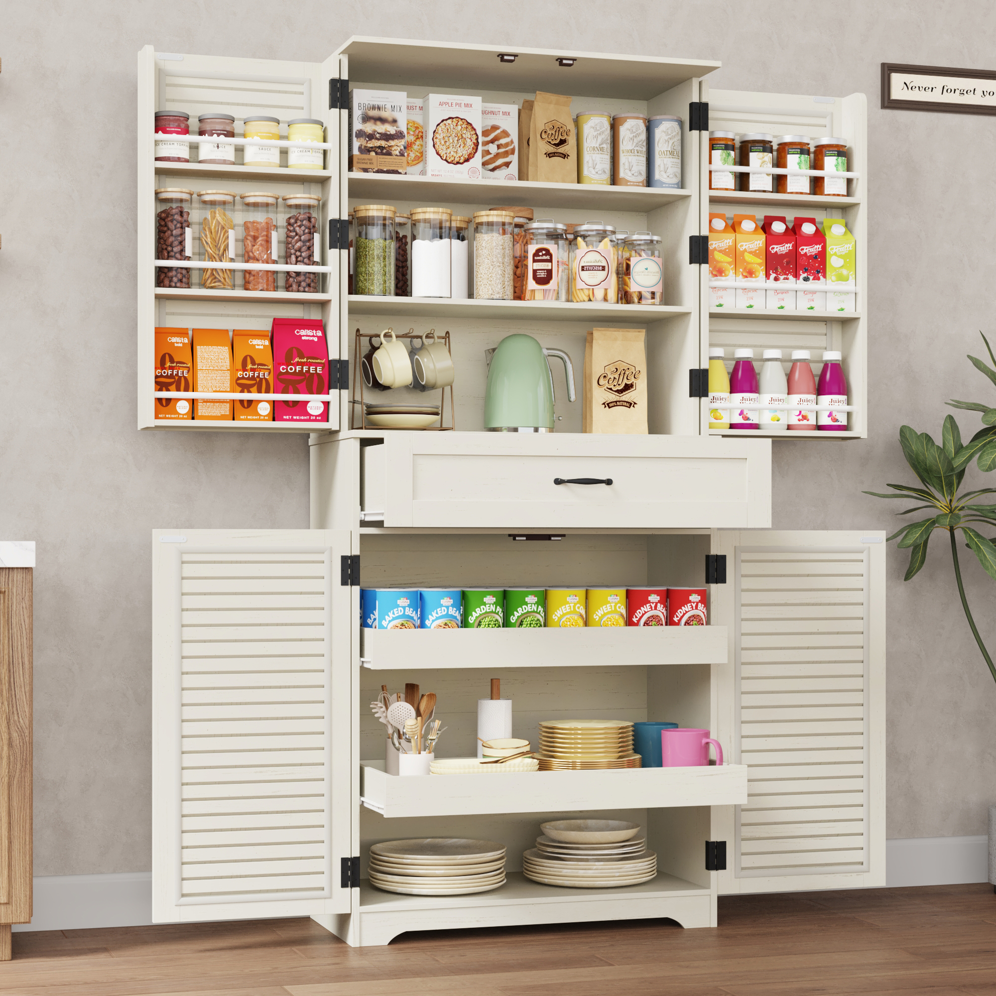 ChVans 71''Tall Kitchen Pantry Cabinet with Louver Doors, 3 Layers Storage Cabinet, 3 Drawers, 6 Hanging Shelves, Adjustable Shelves, Versatile Large Rustic Cabinet for Kitchen Dining Living Room