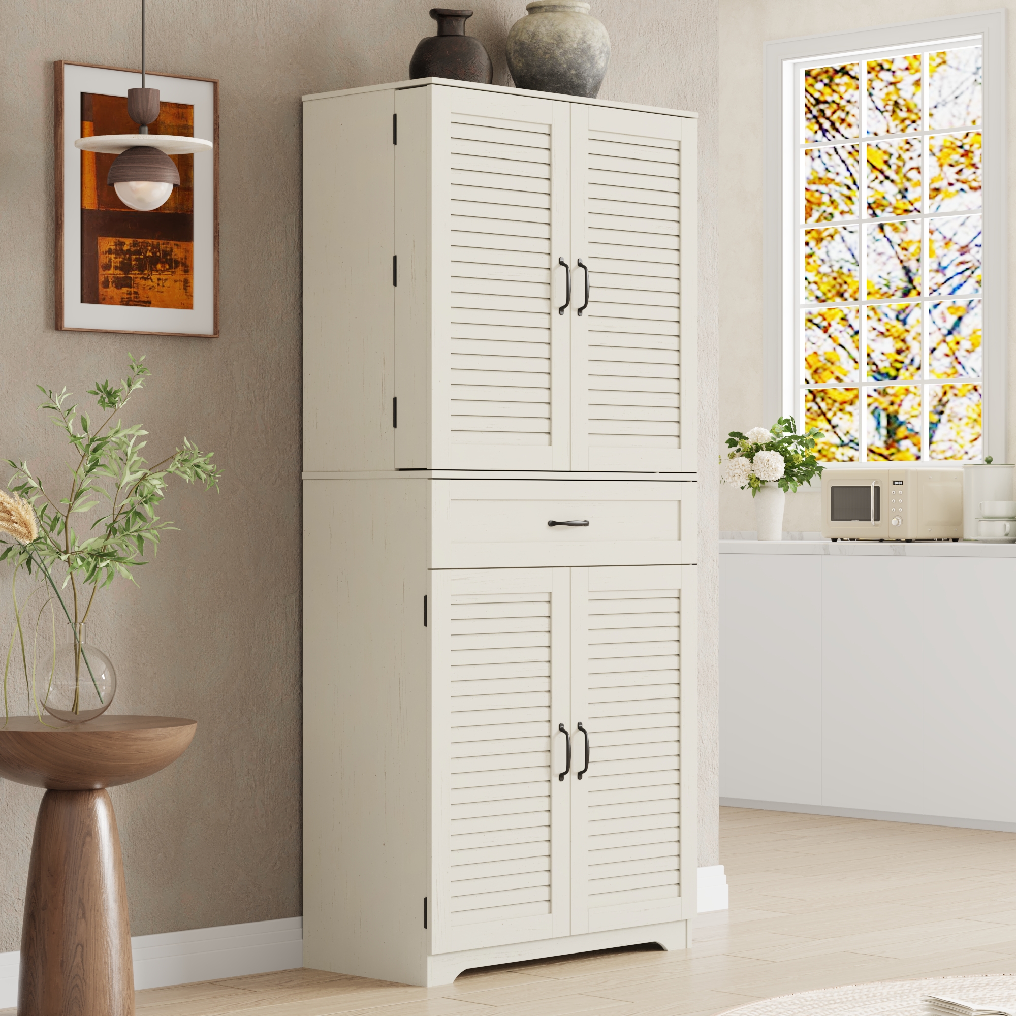 ChVans 71''Tall Kitchen Pantry Cabinet with Louver Doors, 3 Layers Storage Cabinet, 3 Drawers, 6 Hanging Shelves, Adjustable Shelves, Versatile Large Rustic Cabinet for Kitchen Dining Living Room